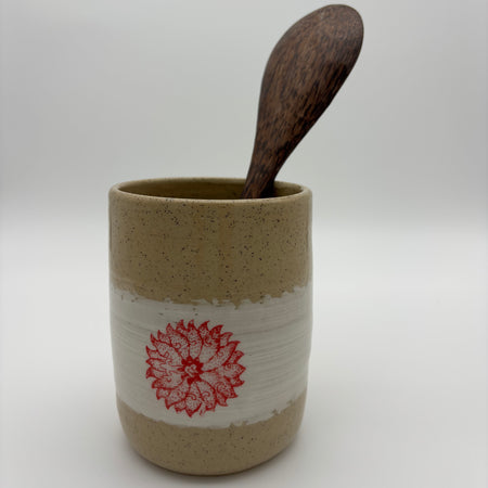 Functional Handmade Ceramic Utensils Holder | Wheel Thrown Stoneware Cylinder | Hand Painted in Slip | Floral