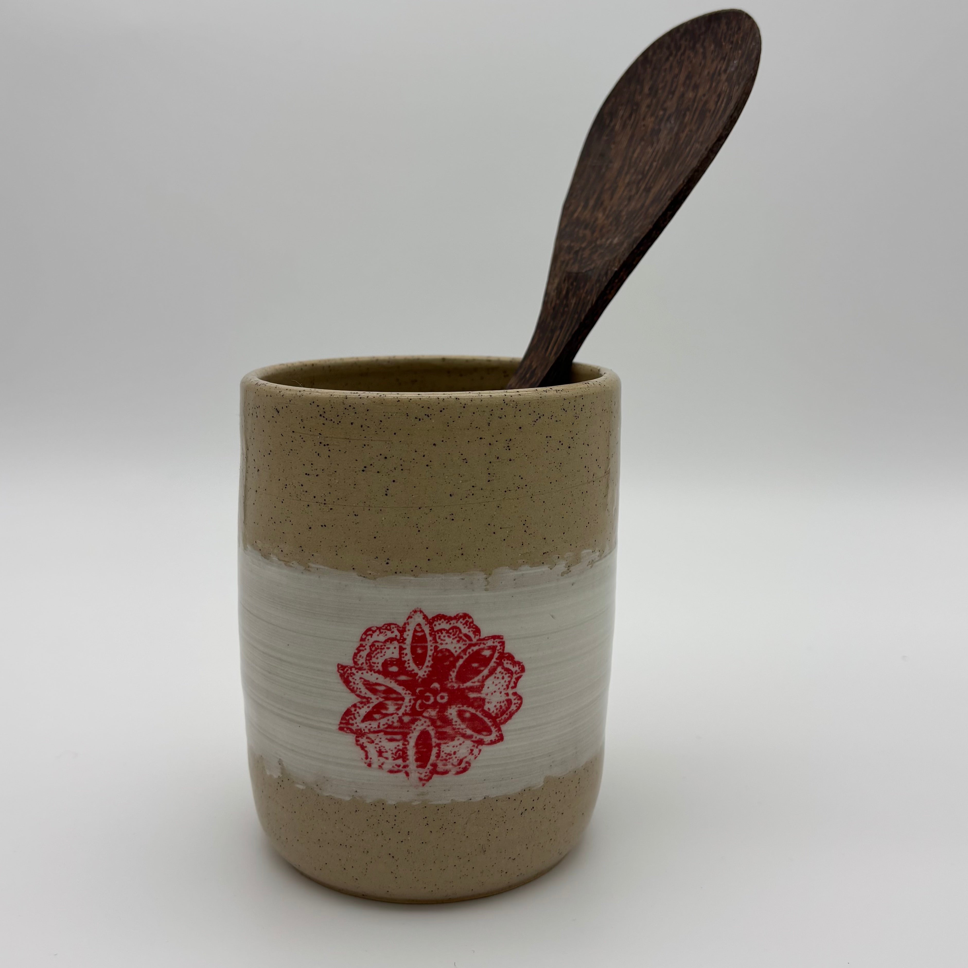 Functional Handmade Ceramic Utensils Holder | Wheel Thrown Stoneware Cylinder | Hand Painted in Slip | Floral