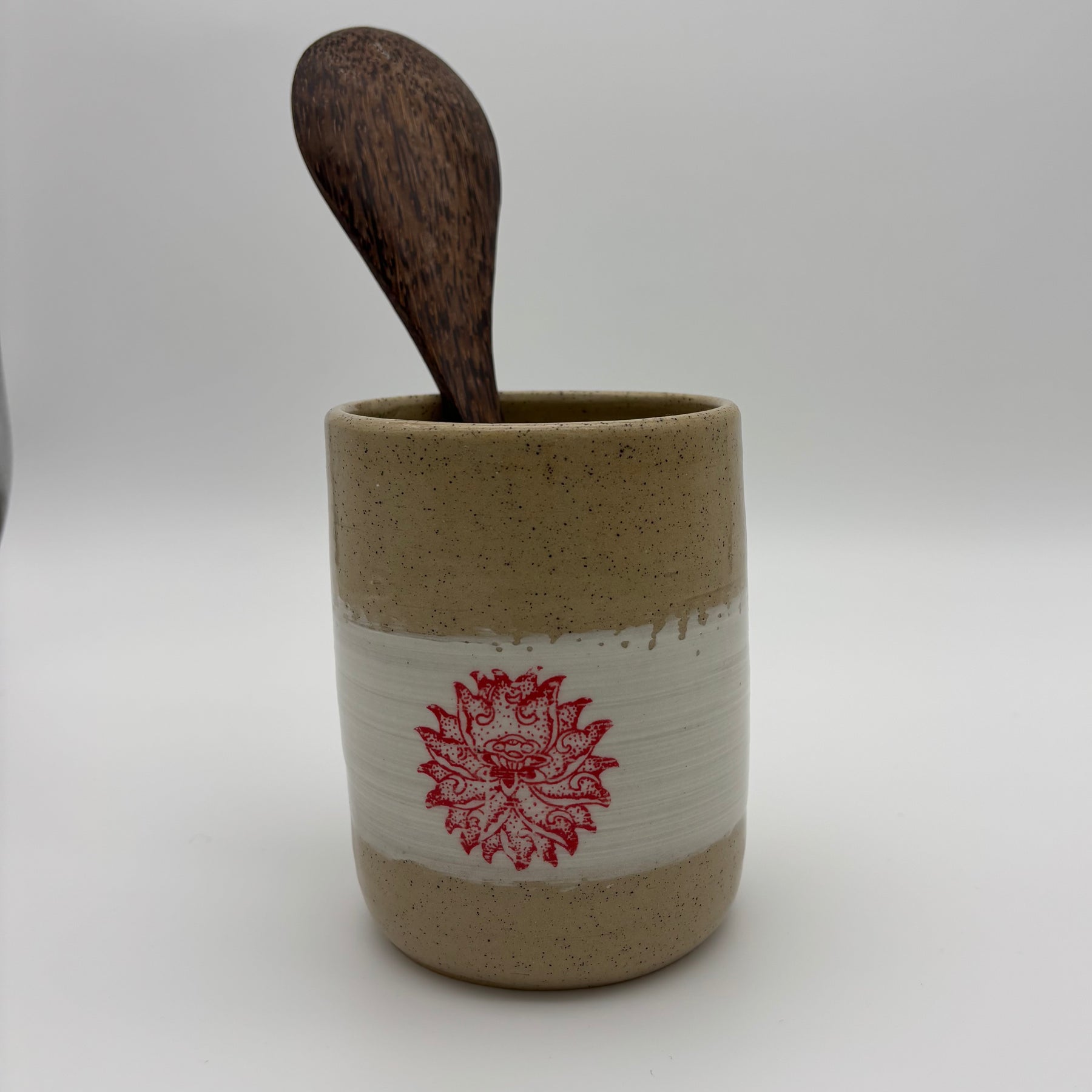 Functional Handmade Ceramic Utensils Holder | Wheel Thrown Stoneware Cylinder | Hand Painted in Slip | Floral