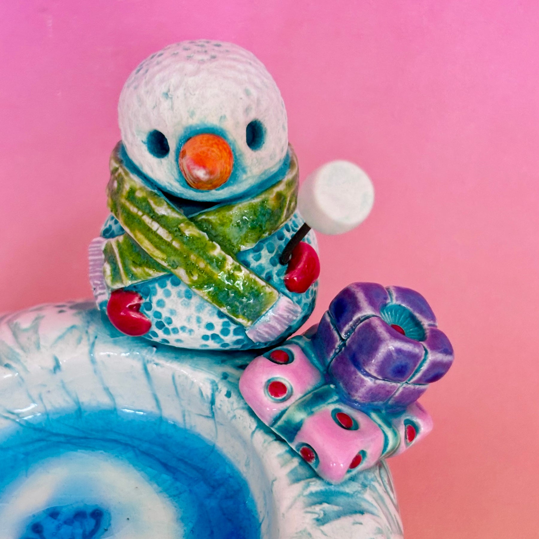 Handmade Earthenware Ceramic Christmas Tealight Holder with a Snowman