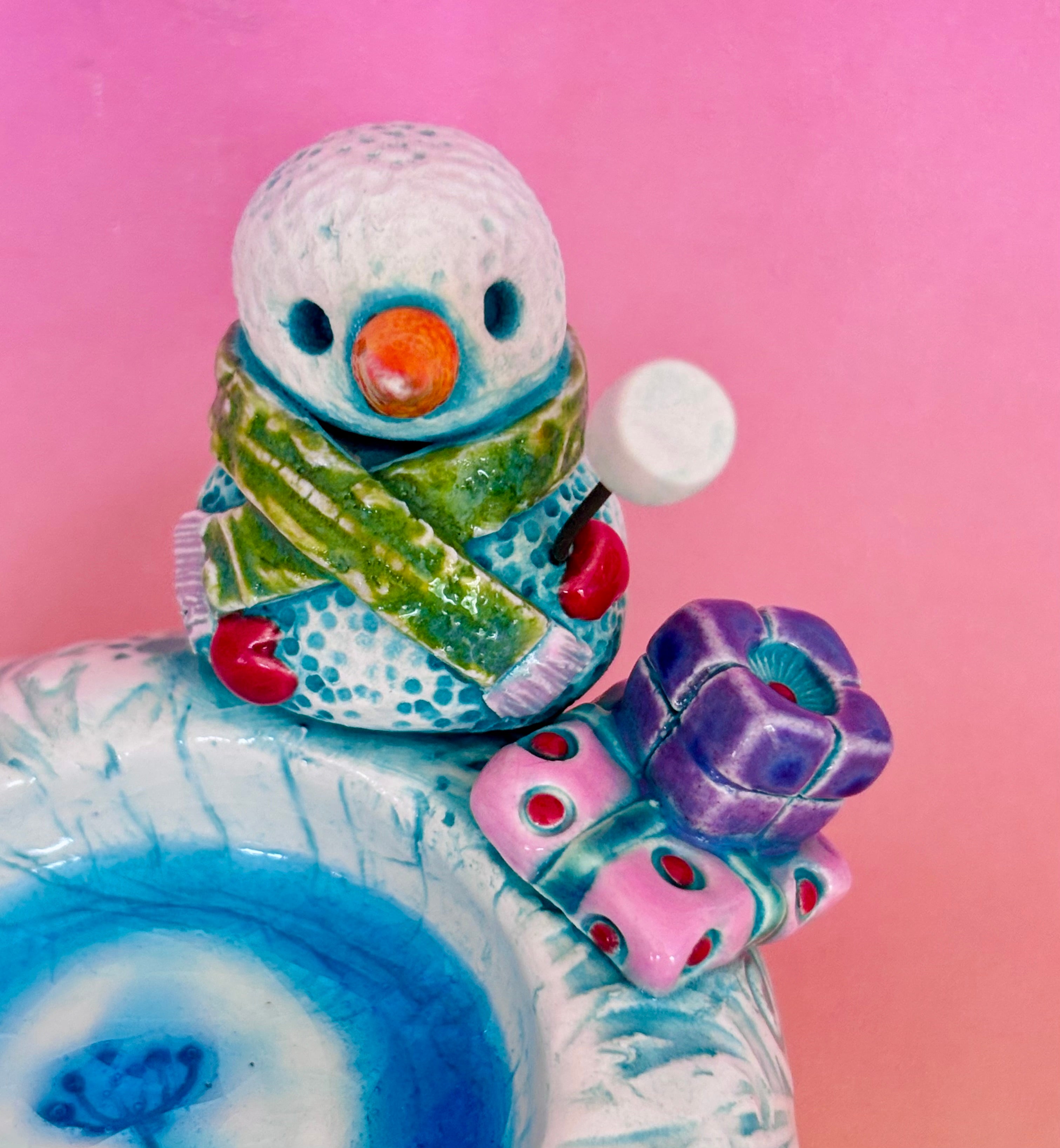 Handmade Earthenware Ceramic Christmas Tealight Holder with a Snowman