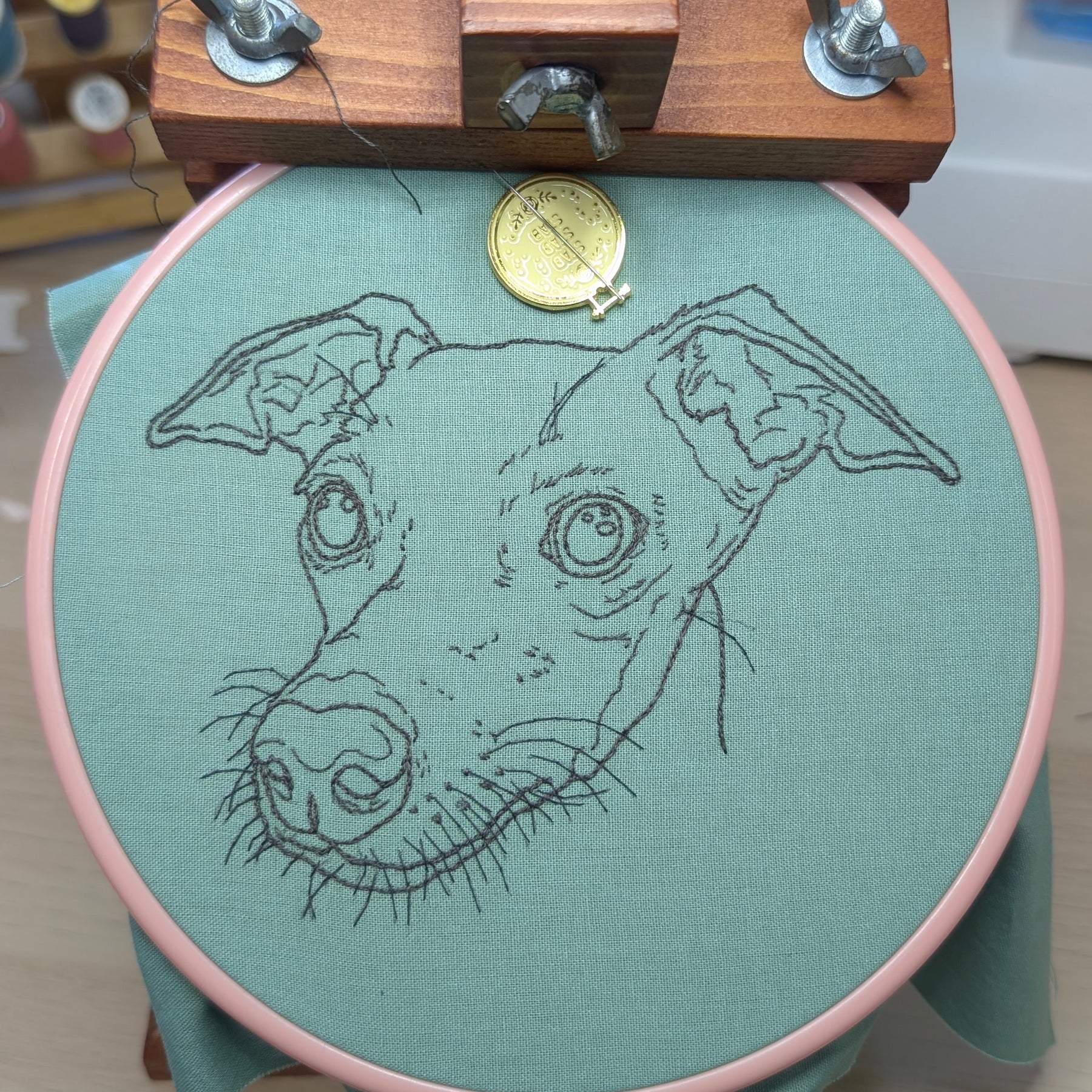 Custom, personalised, hand embroidered pet portrait: monochrome outline only