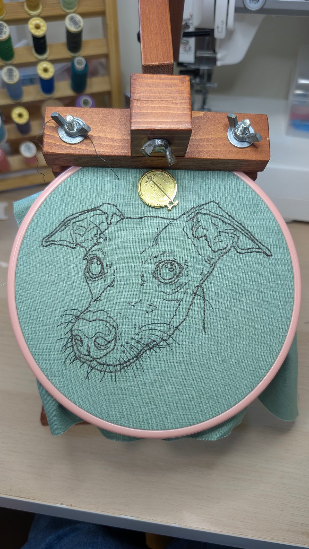 Custom, personalised, hand embroidered pet portrait: monochrome outline only