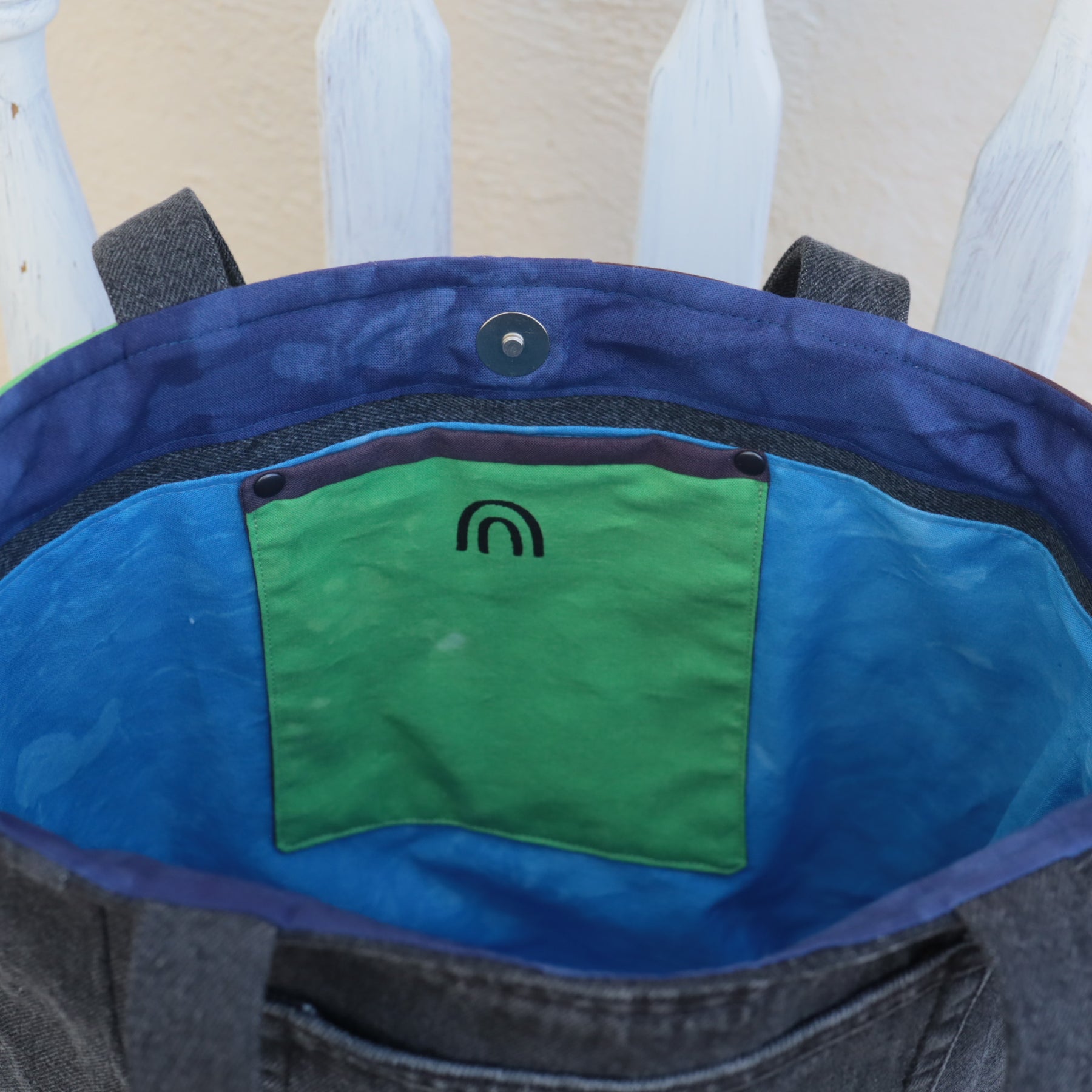 Tote Bag, Hand Dyed with upcycled denim and stenciled motifs