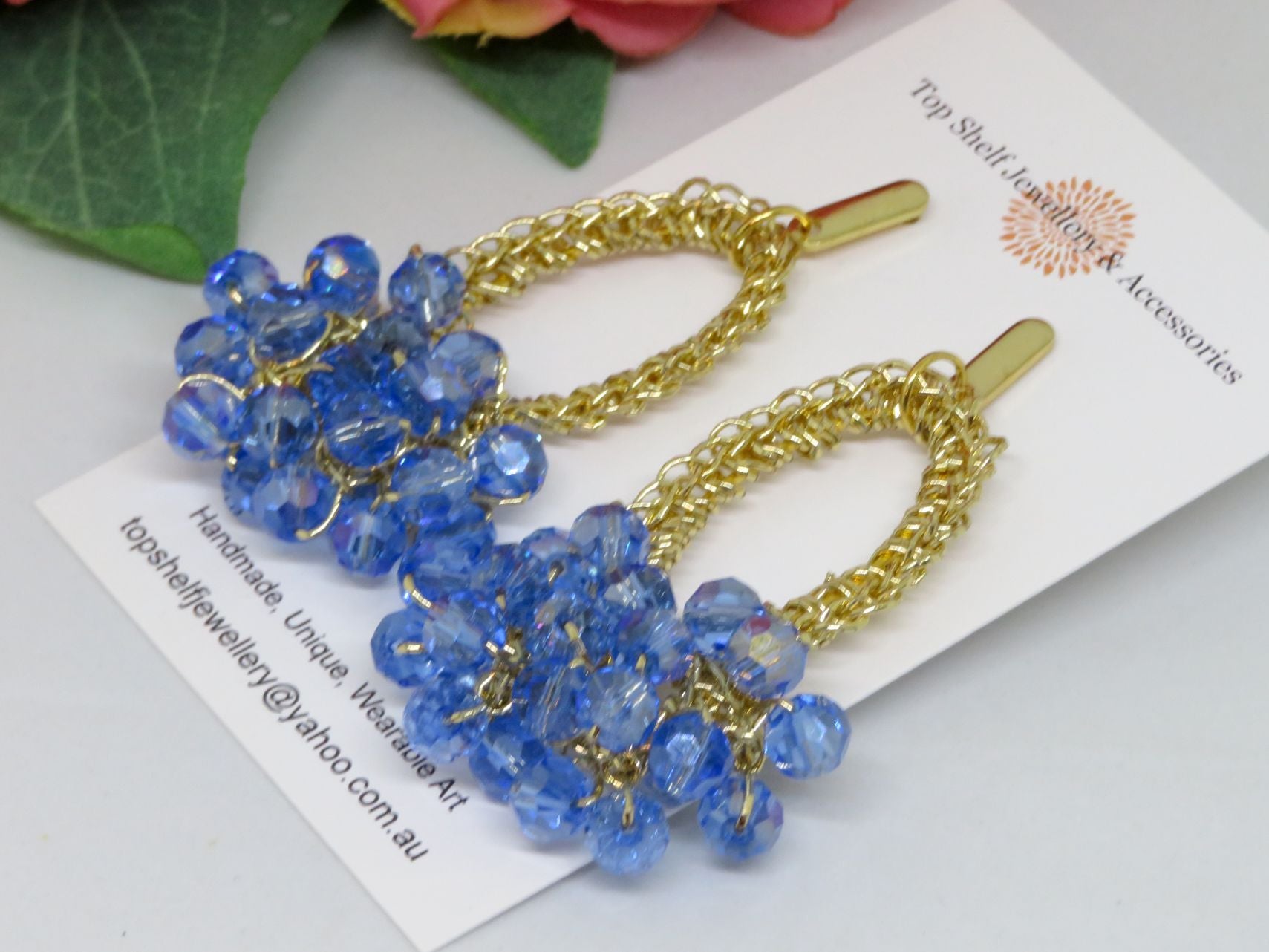 Blue Gold Crochet Bespoke Boho Thread Chandelier Beaded Earrings