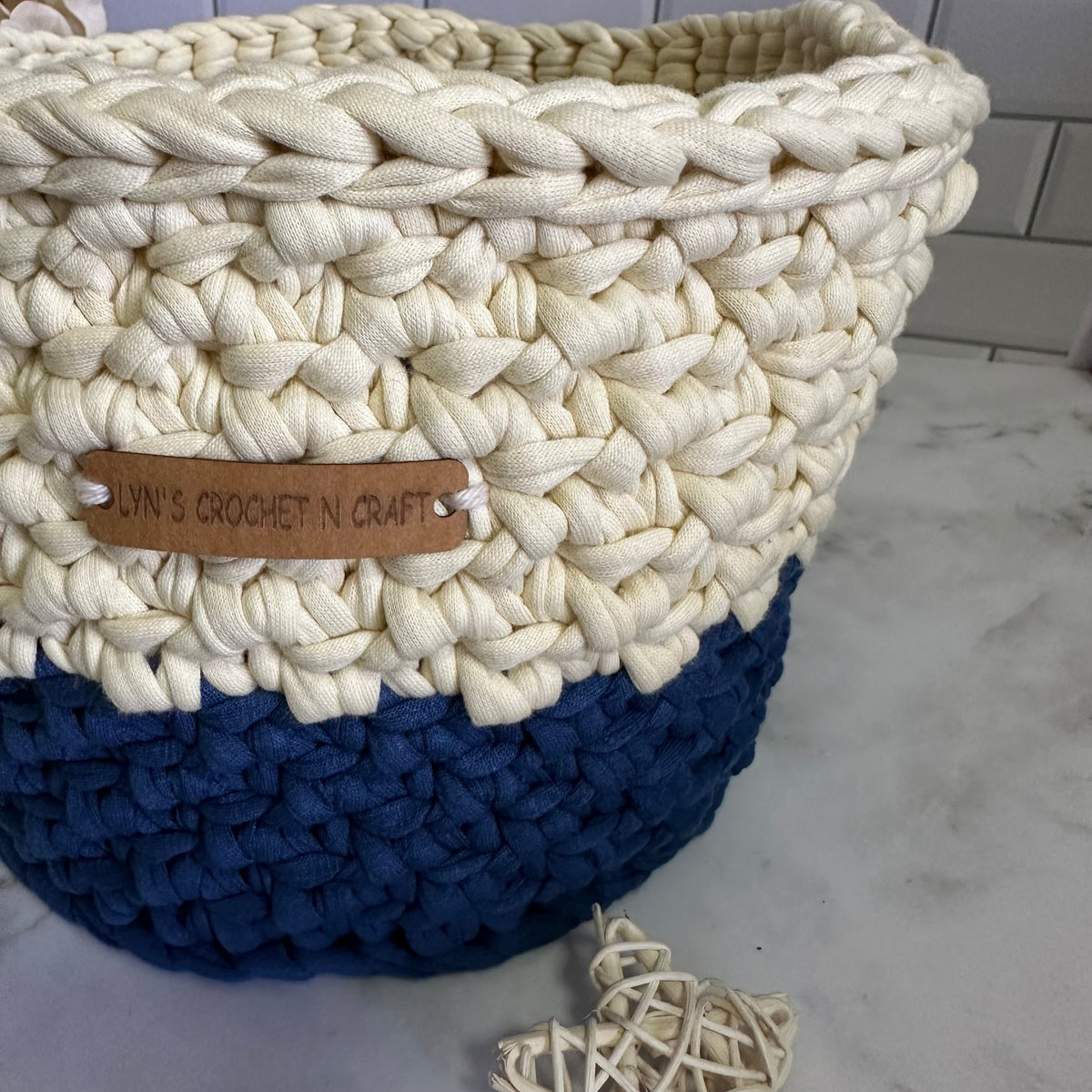 Handmade Crocheted Basket – Blue & Cream - Eco-Friendly Storage