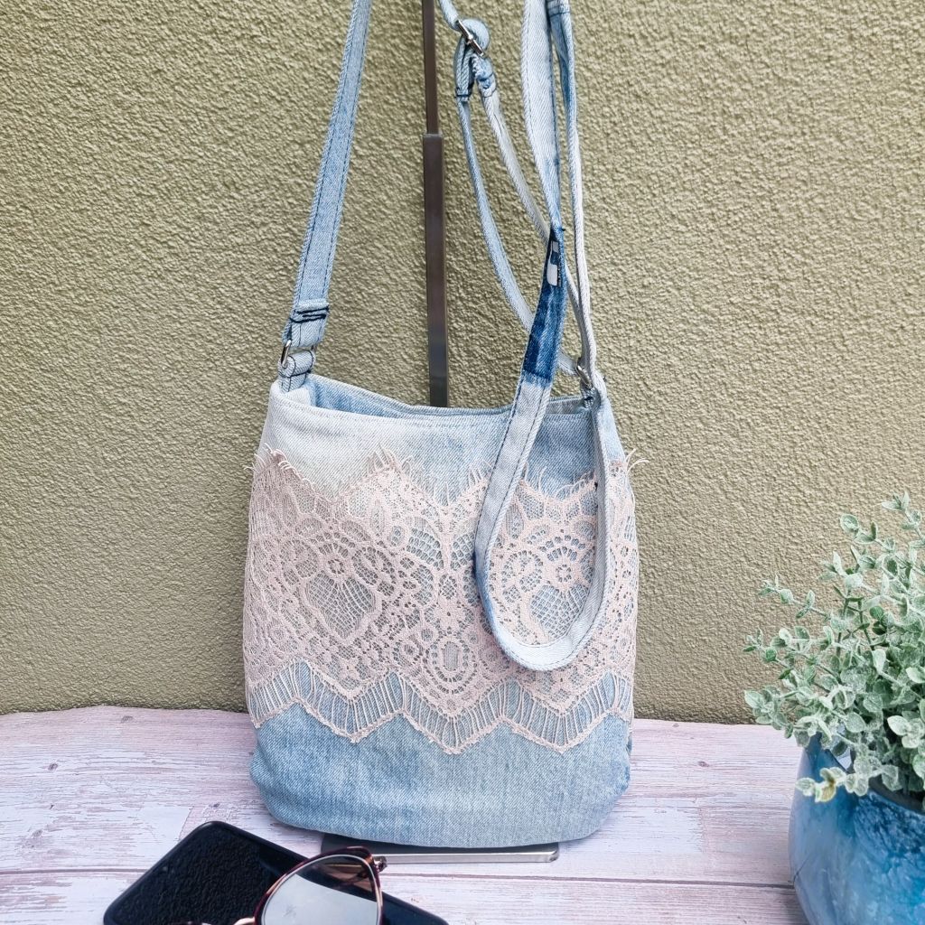 Upcycled small crossbody bag - pale blue denim & pink lace