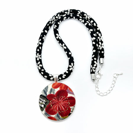 Kimono Pendant Necklace - Bloody Red Ume Blossom