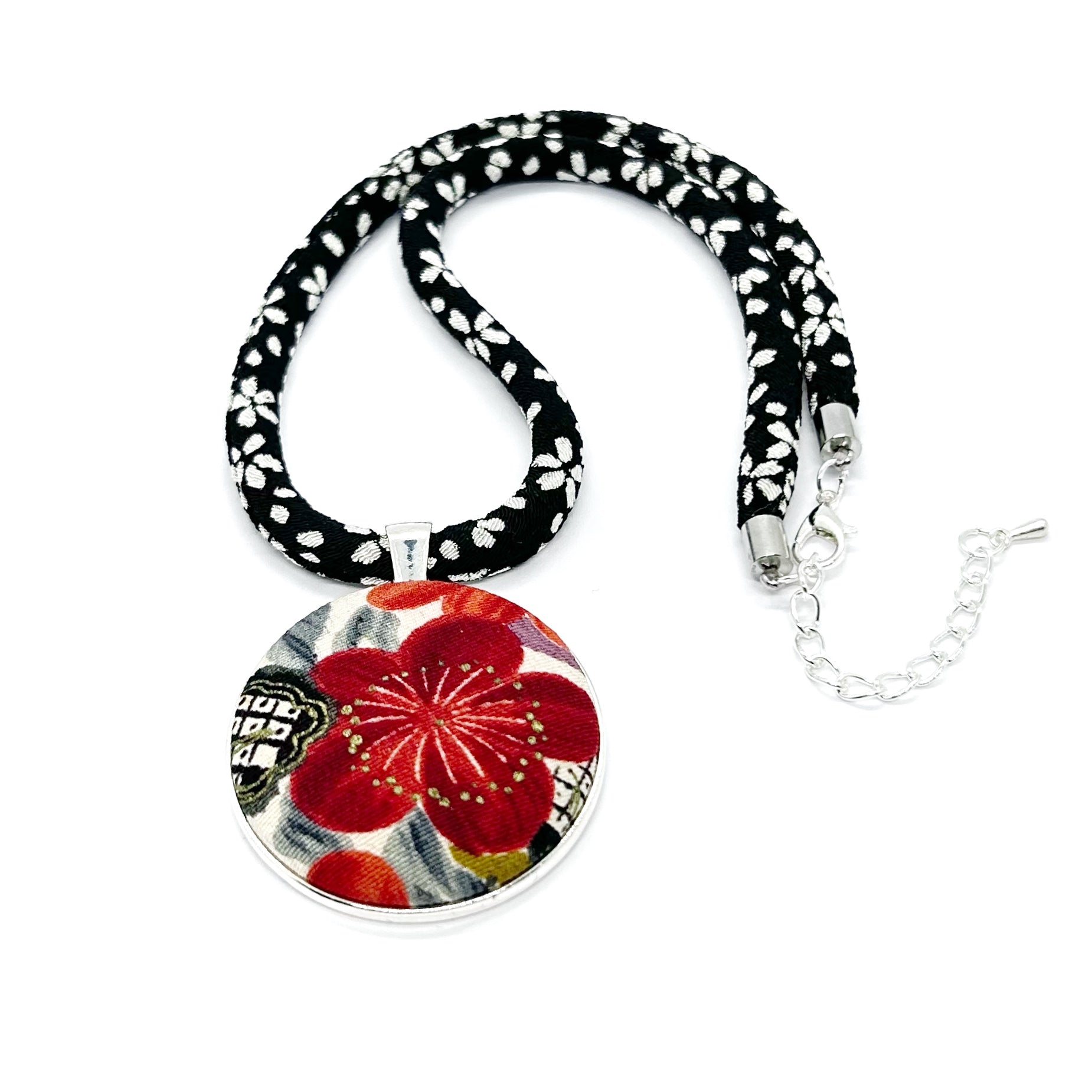 Kimono Pendant Necklace - Bloody Red Ume Blossom