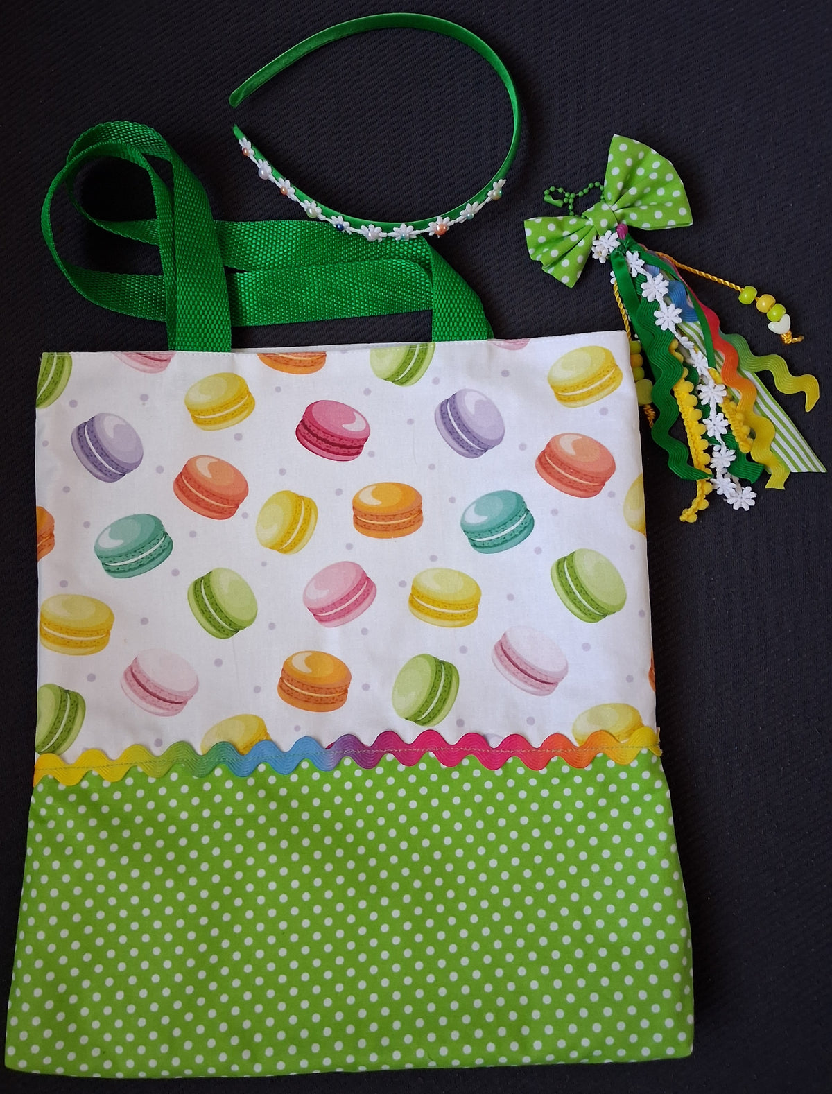 Children's Macaron Print Tote, Bag Charm & Headband
