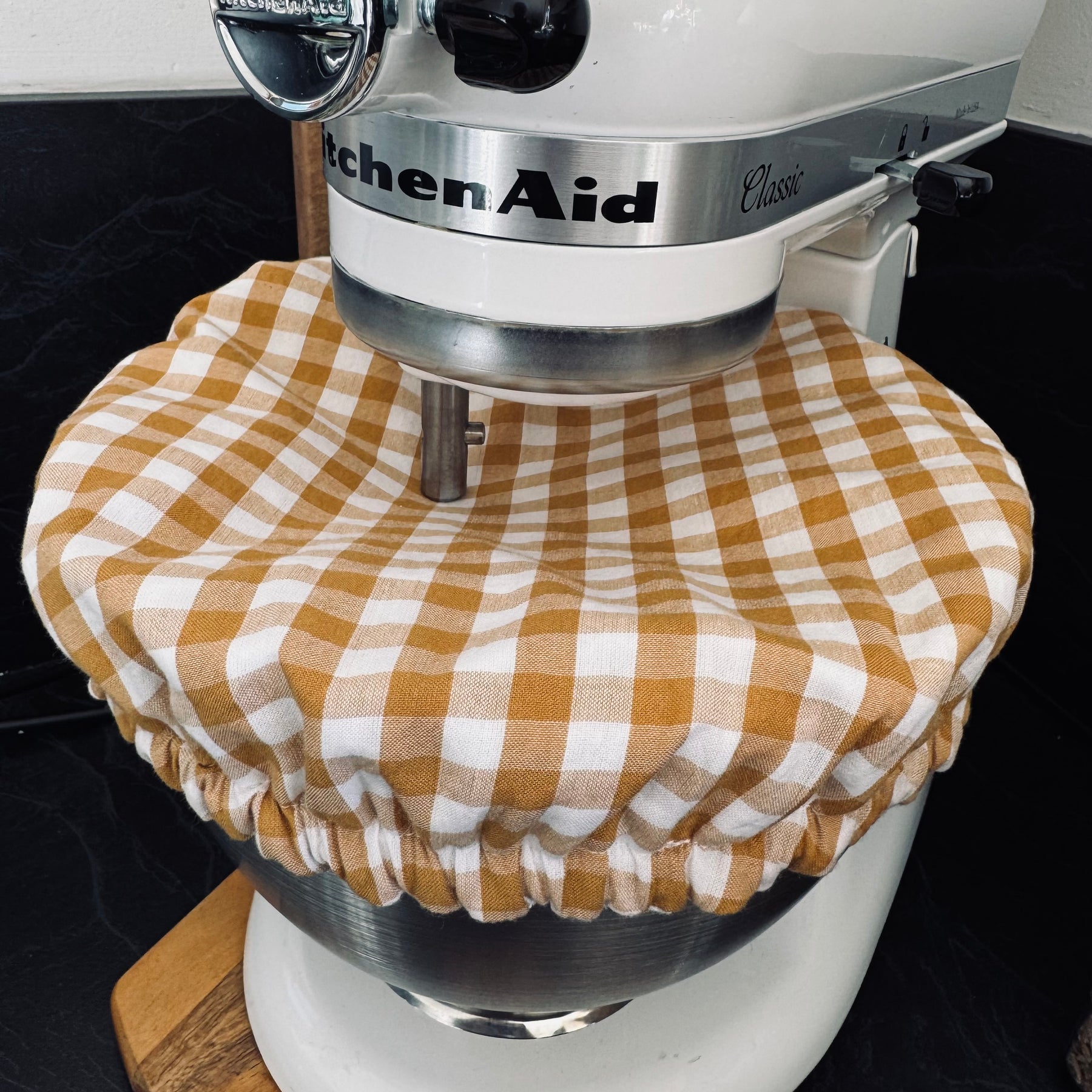 Reversible Cotton Bowl Cover – Muted Mustard Gingham & Country Chickens (Fits KitchenAid & Mason Cash)