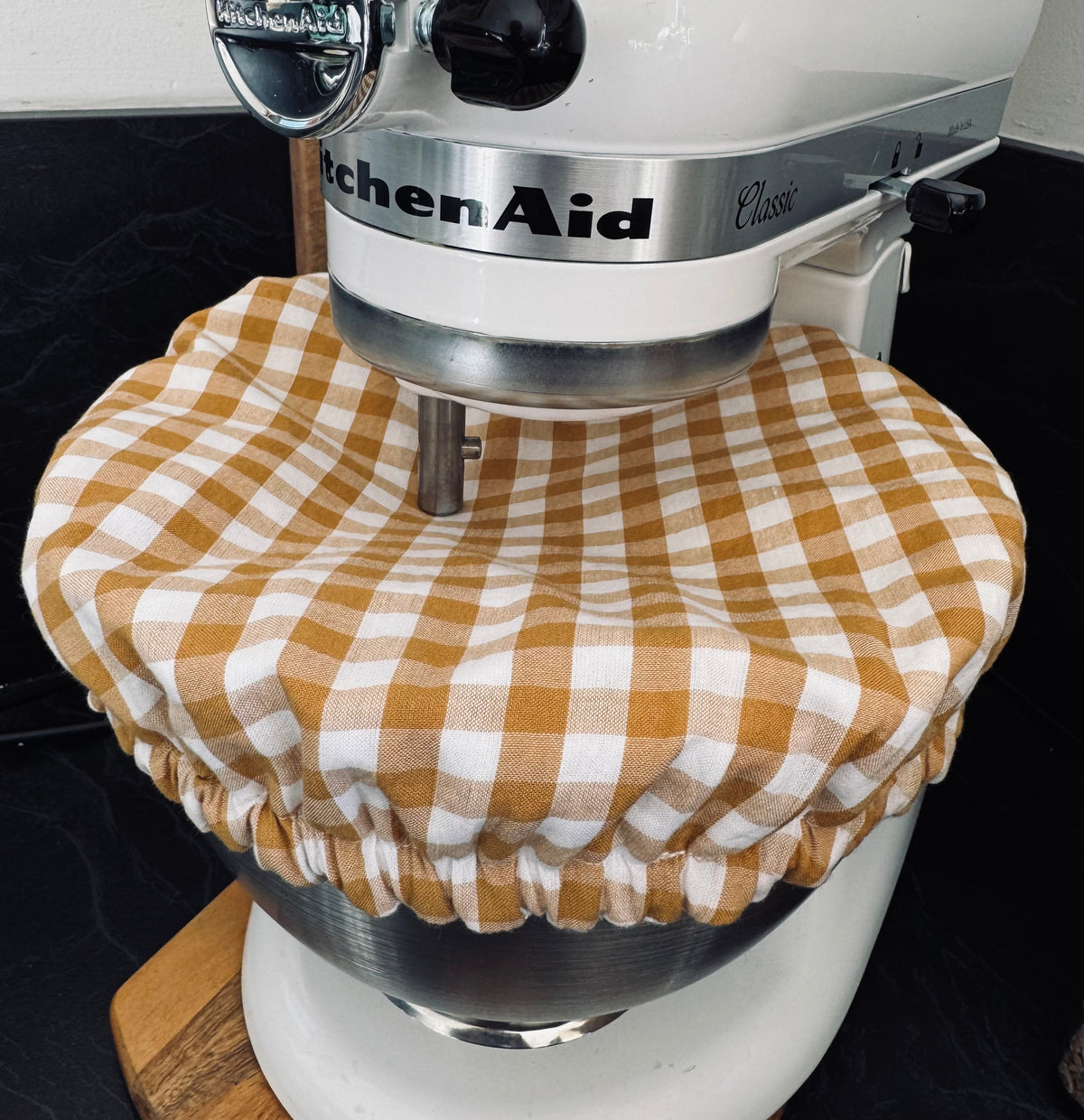Reversible Cotton Bowl Cover – Muted Mustard Gingham & Country Chickens (Fits KitchenAid & Mason Cash)