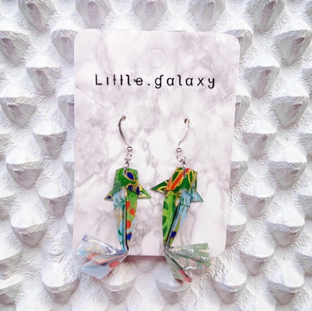 Handmade paper origami mini Koi fish earrings / ear clip on / 18K gold hook / silver