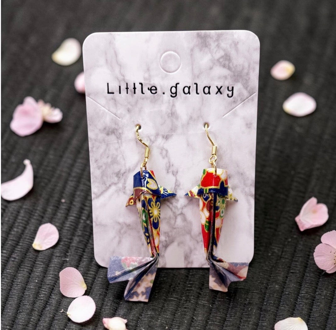 Handmade paper origami mini Koi fish earrings / ear clip on / 18K gold hook / silver