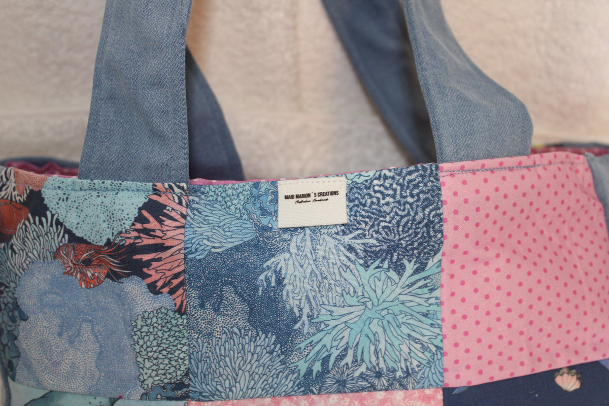 'UNDER THE SEA' TOTE BAG - LIGHT BLUE DENIM - FLAT HANDLES