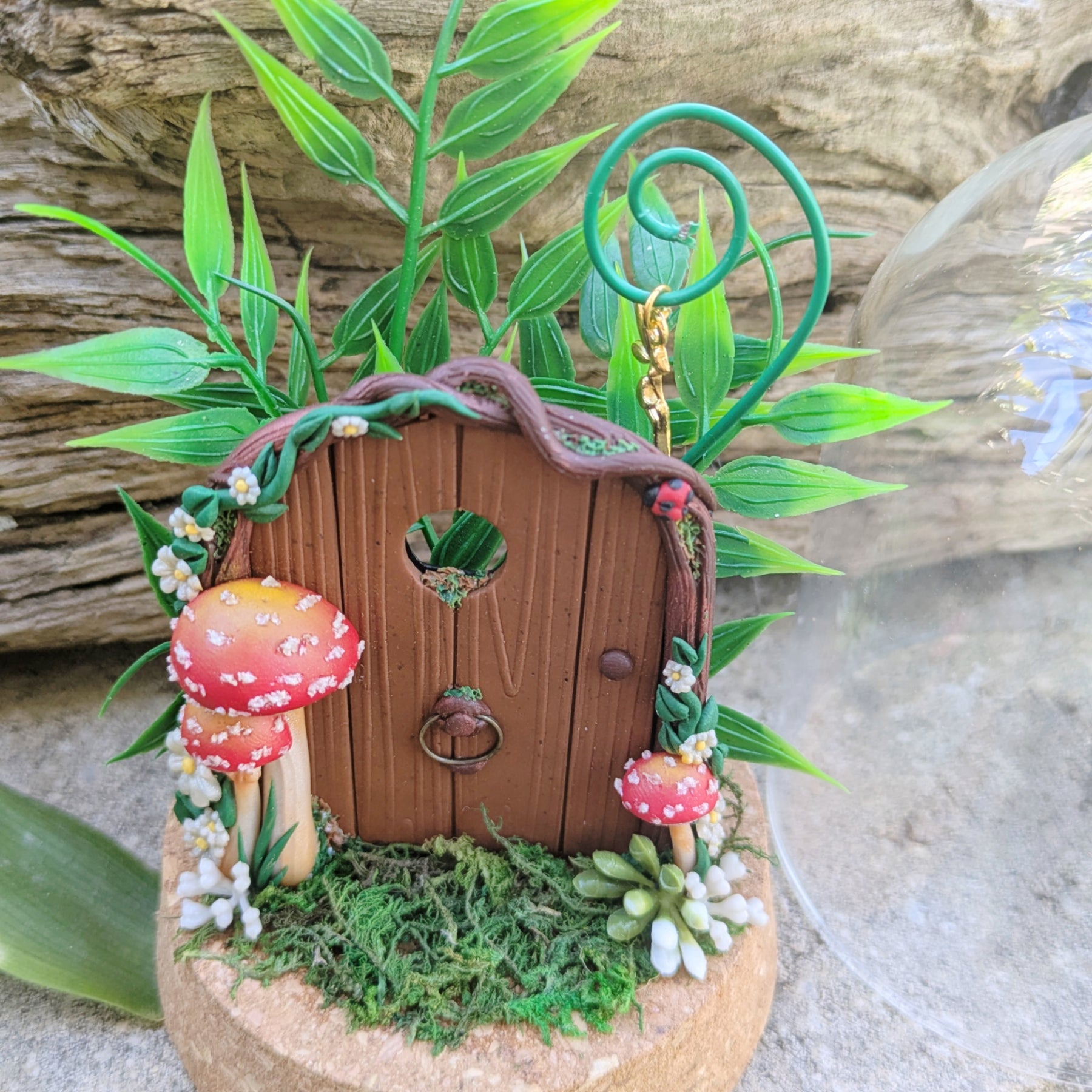 Hand Sculpted Woodland Fairy Door in Glass Dome