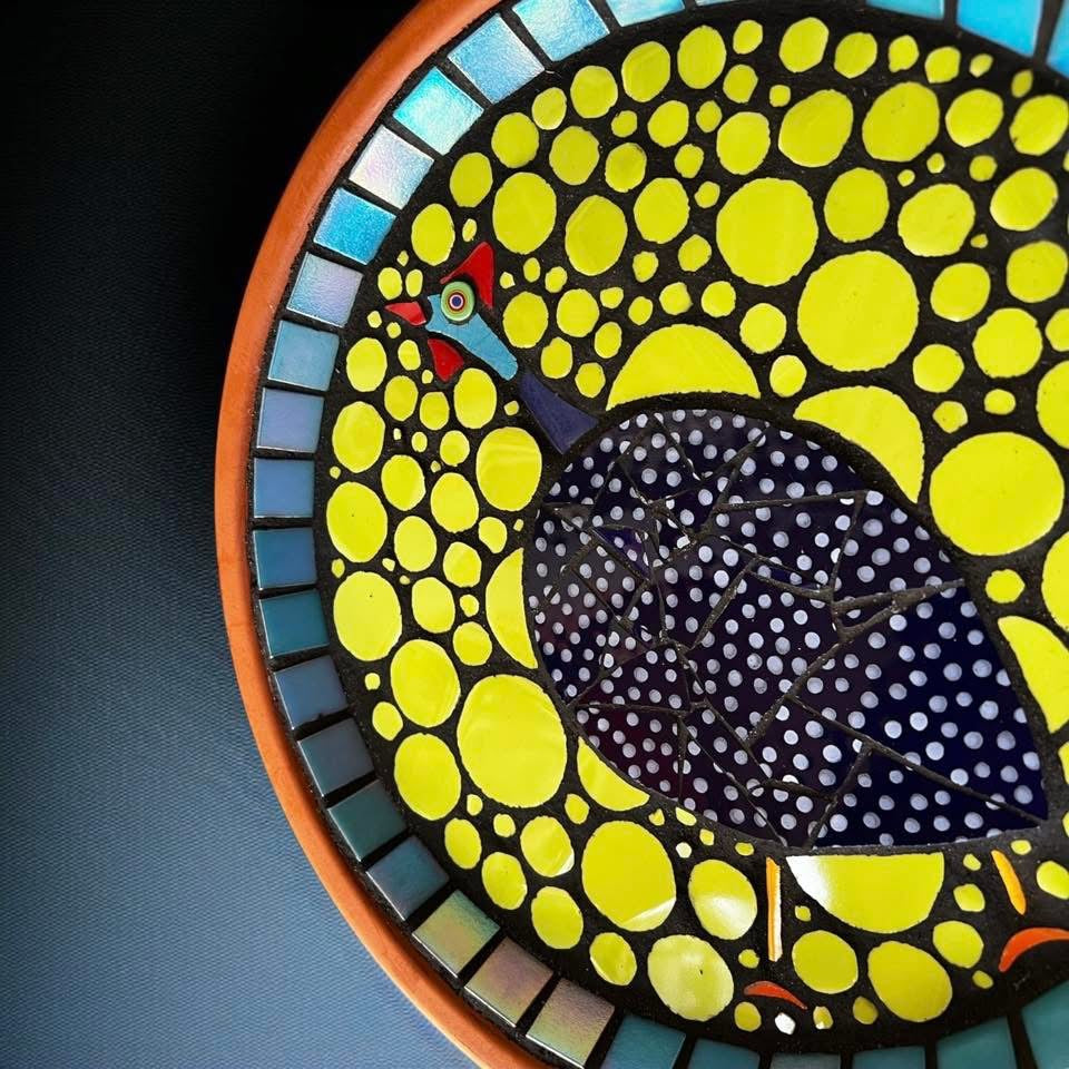 Mosaic Bee Bath. Guinea Fowl.