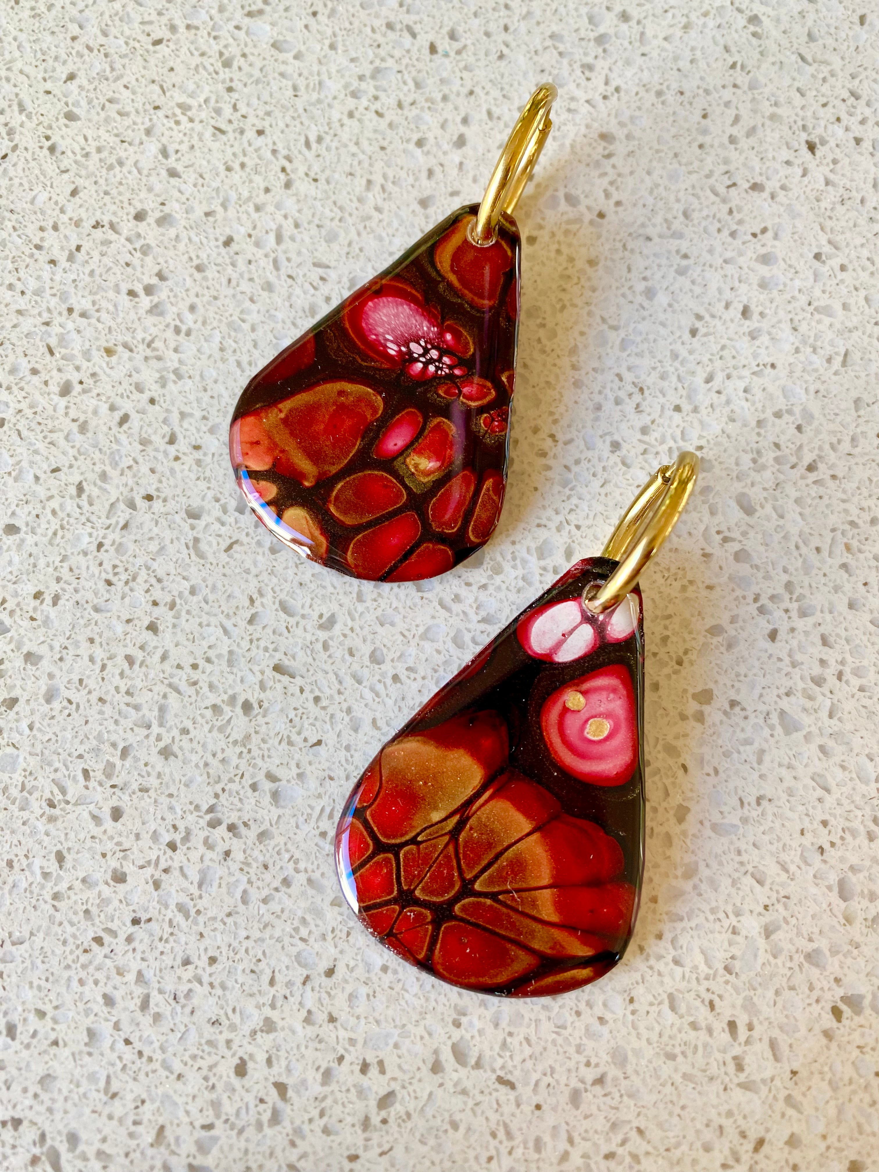 Burgundy and Gold Original Abstract Art Earrings