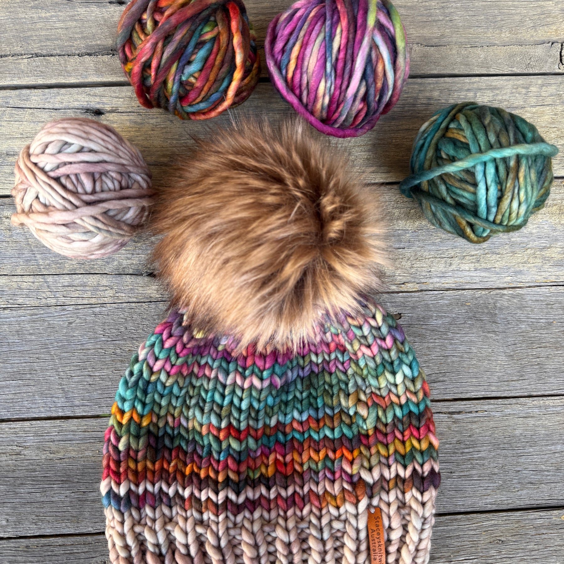 Knitted Merino PomPom Beanie, Colorful Beanie