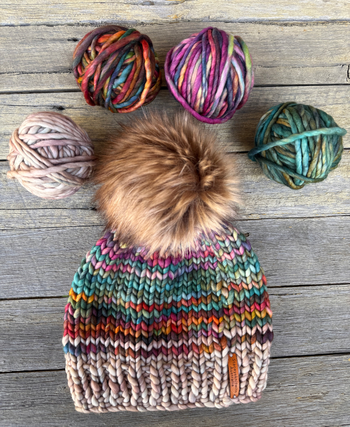 Knitted Merino PomPom Beanie, Colorful Beanie