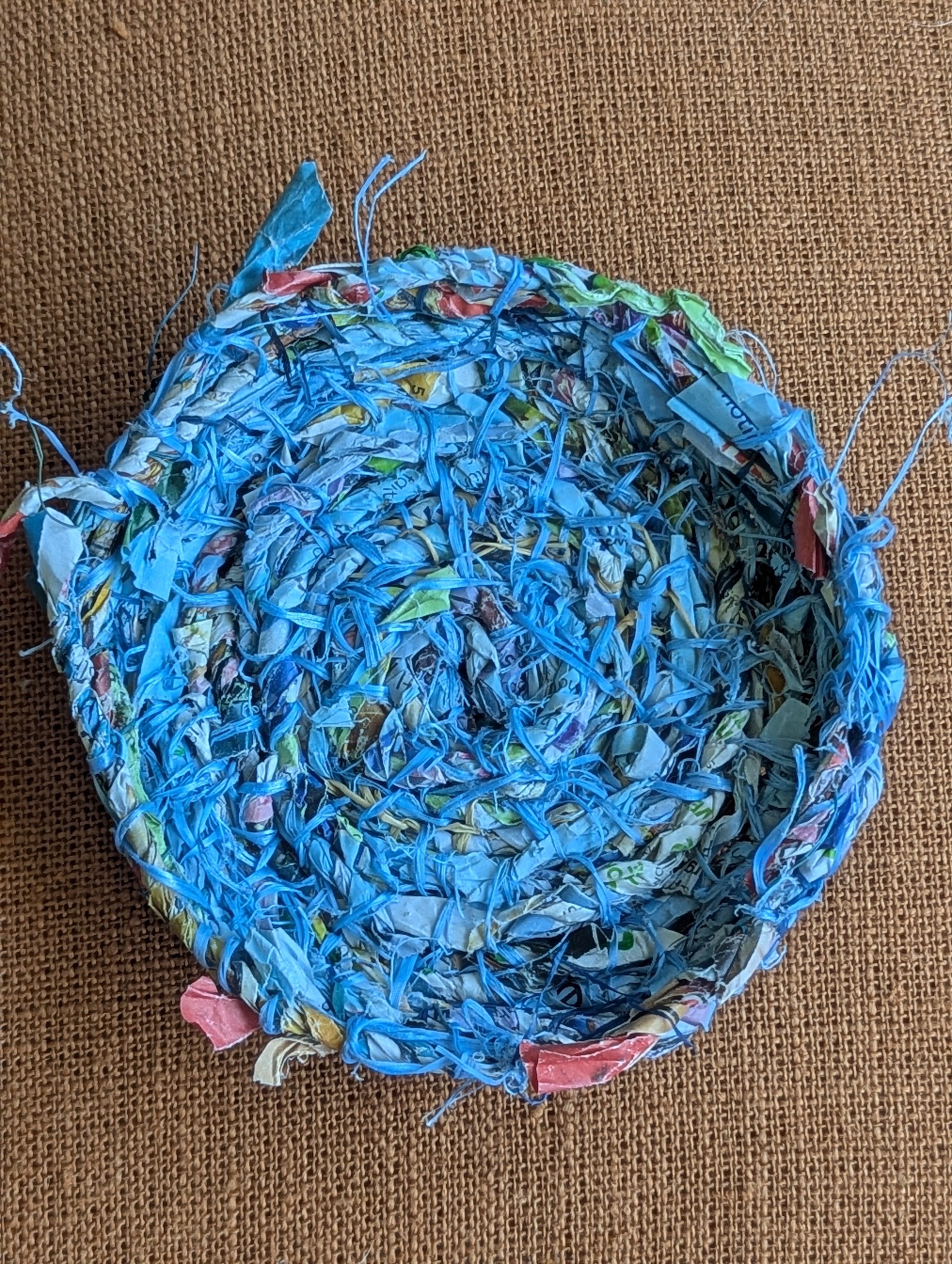 Basket Marine Rope fibre with Handmade Paper Cordage. | Small Blue Basket Upcycled Materials