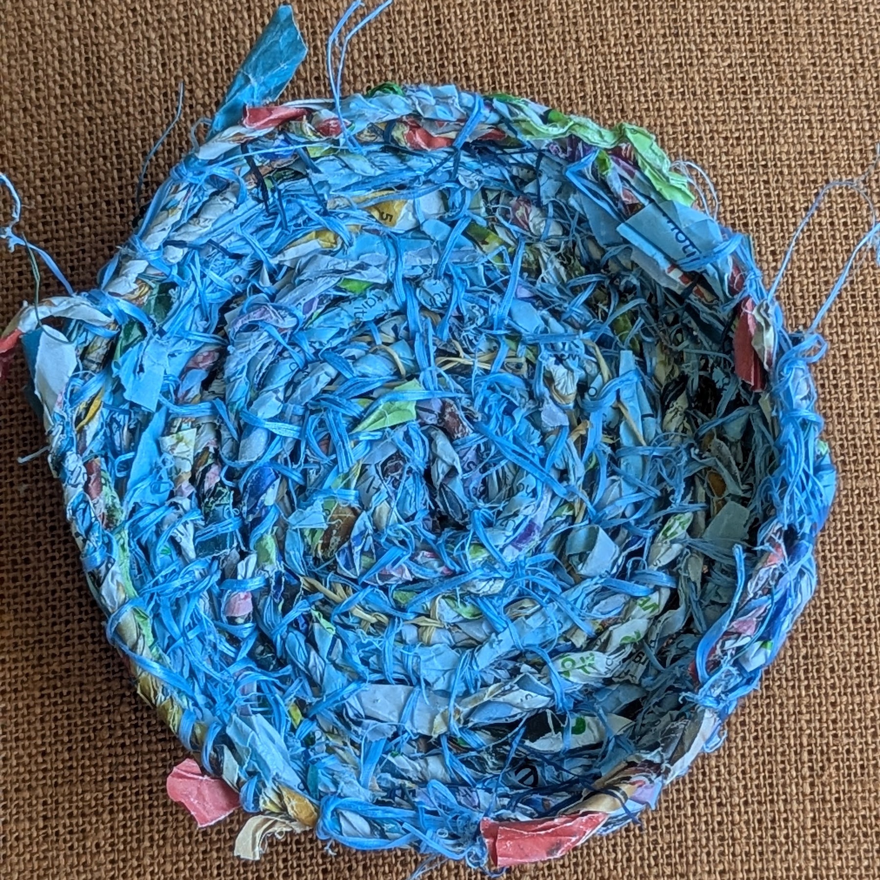 Basket Marine Rope fibre with Handmade Paper Cordage. | Small Blue Basket Upcycled Materials