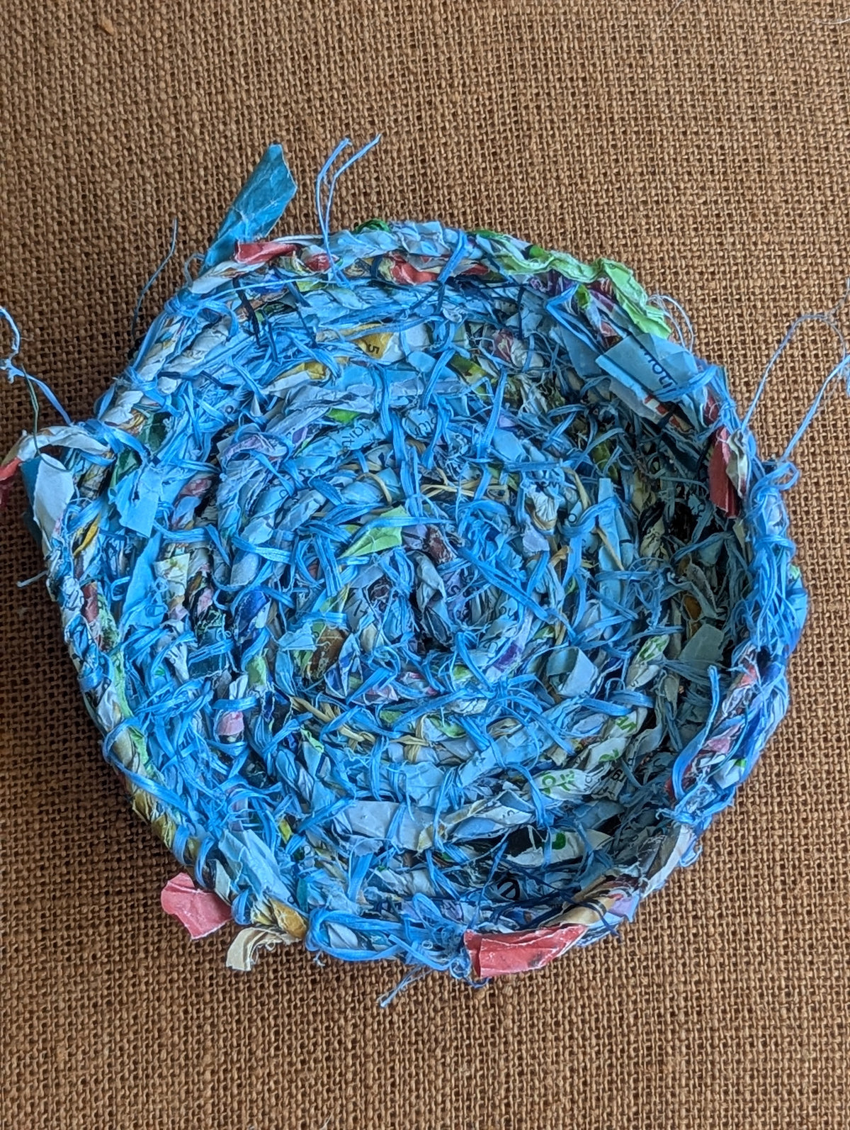 Basket Marine Rope fibre with Handmade Paper Cordage. | Small Blue Basket Upcycled Materials