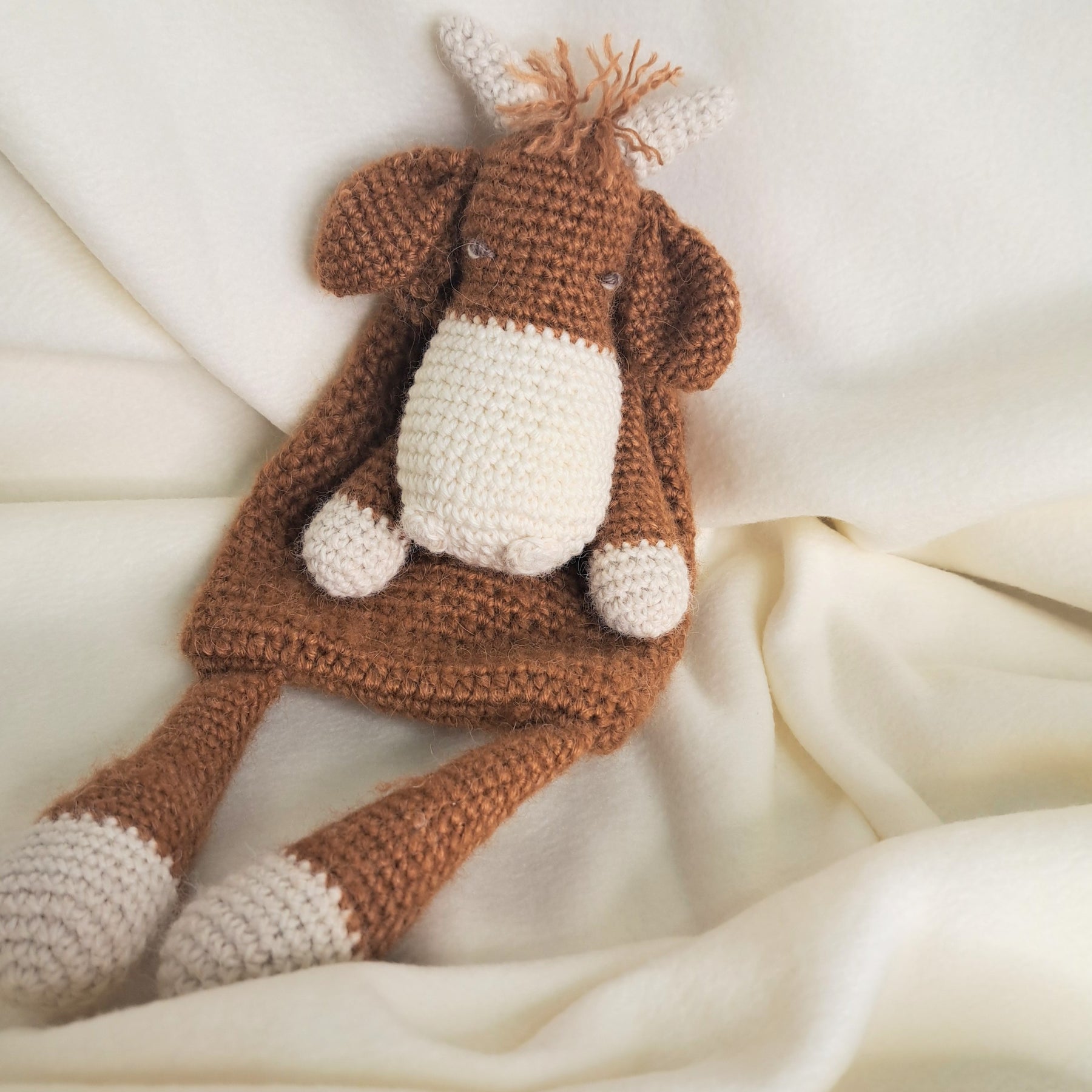 Handmade crochet Highland cow snuggler, Australian wool, alpaca, silk