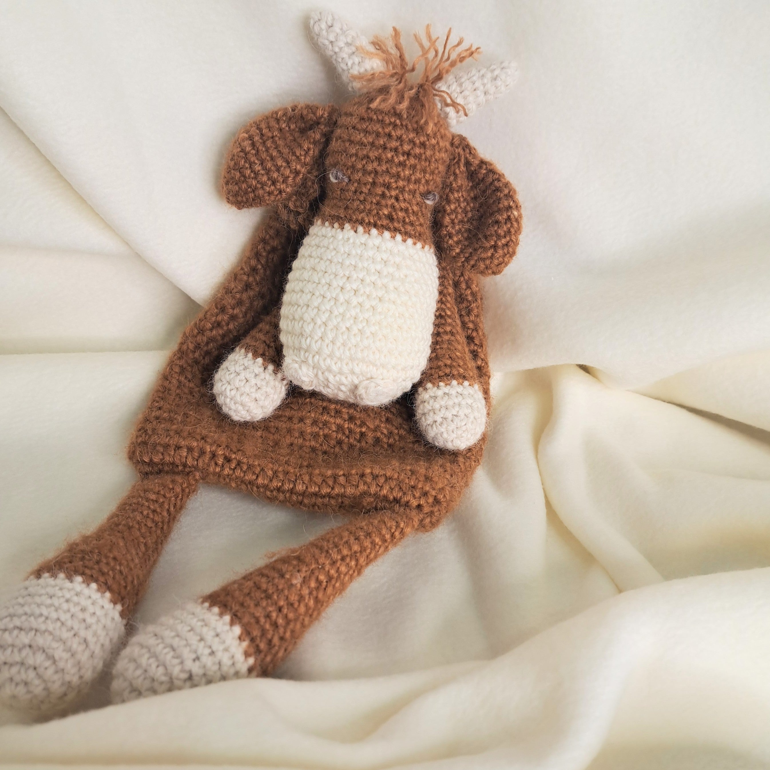 Handmade crochet Highland cow snuggler, Australian wool, alpaca, silk