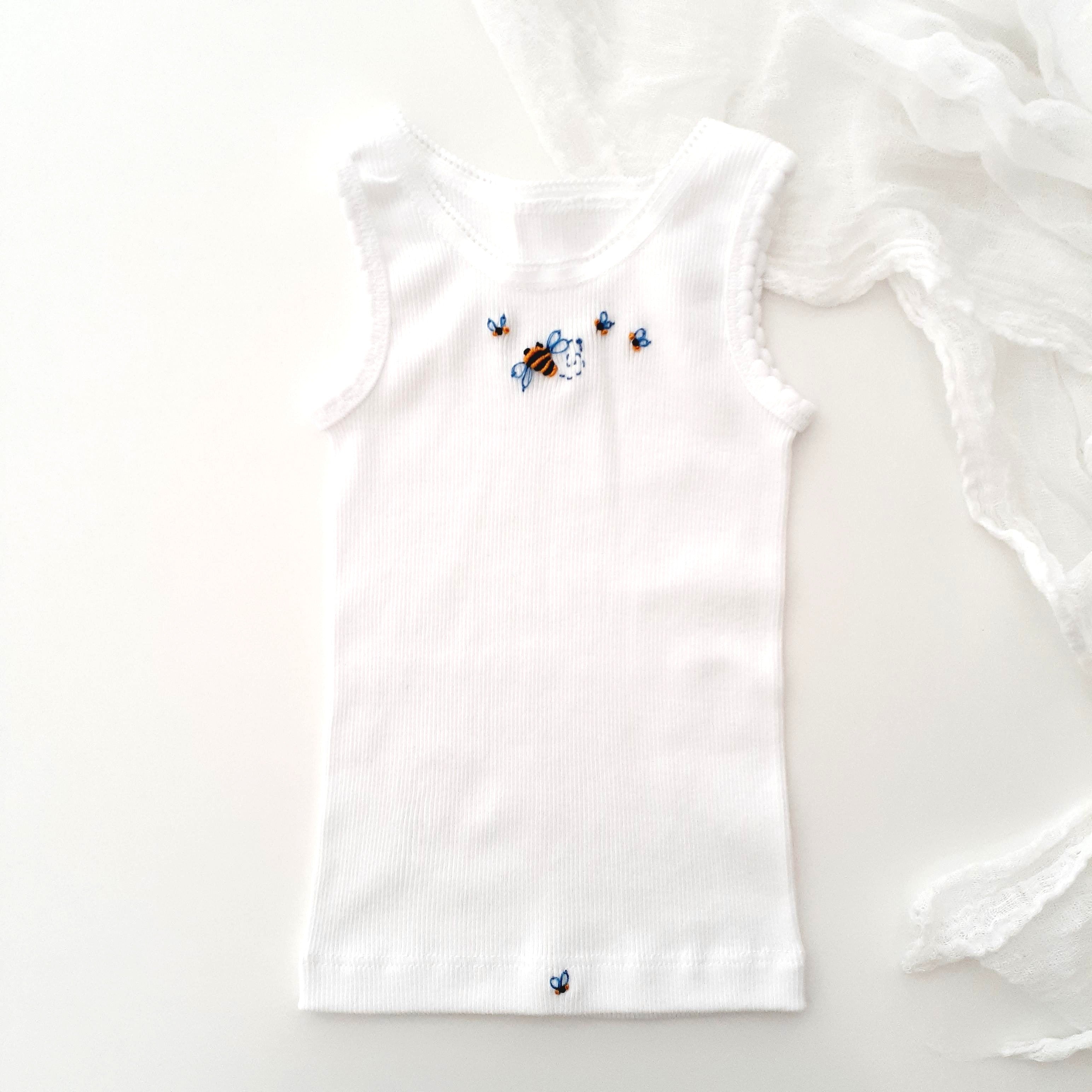 Newborn Cotton Baby Singlet, Hand Embroidered Bees, Baby Boy Gift