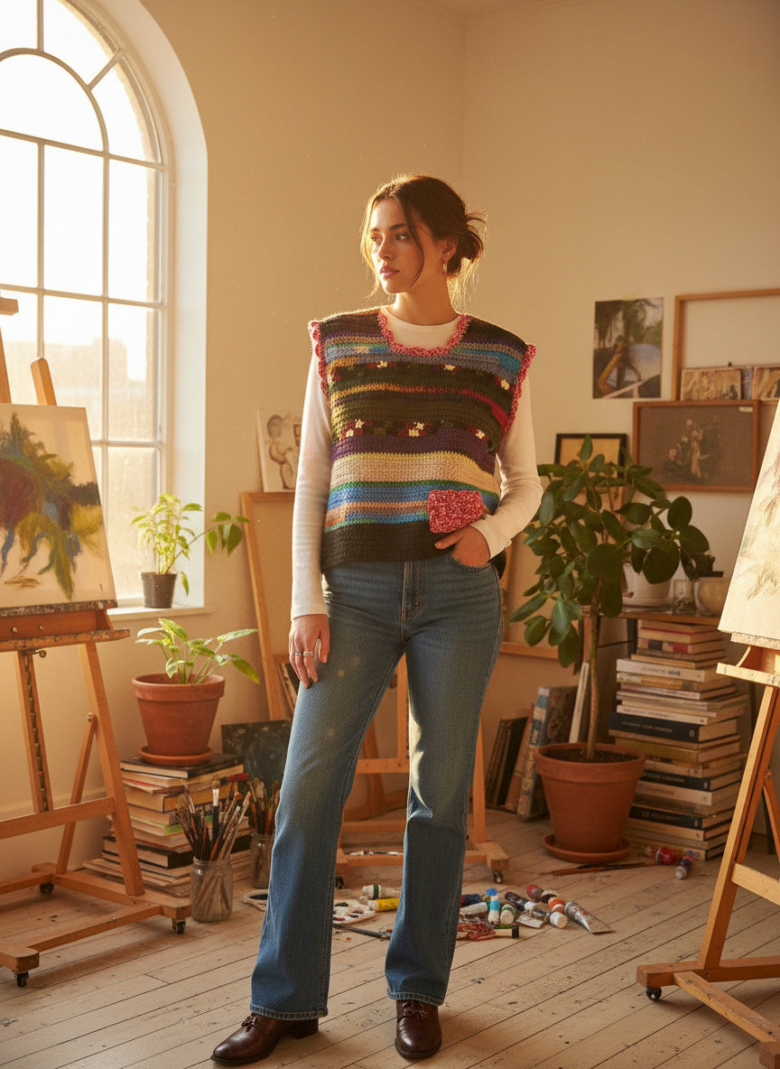 Handcrafted Multicolour Striped Crochet Vest — Wearable Art — One of a Kind