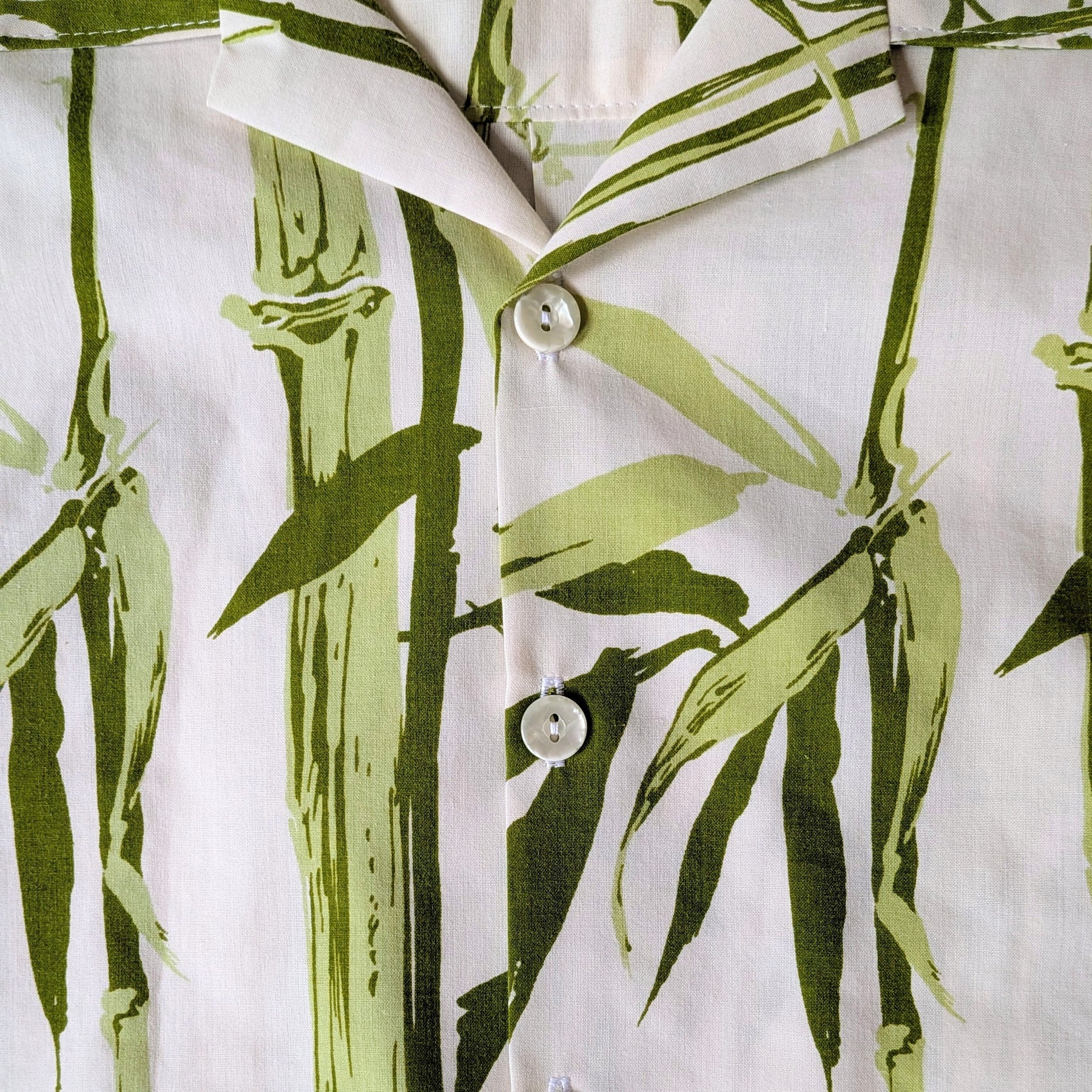 Upcycled Vintage 1970s Cotton Unisex Button-up Shirt (Green Bamboo & White / Size M)