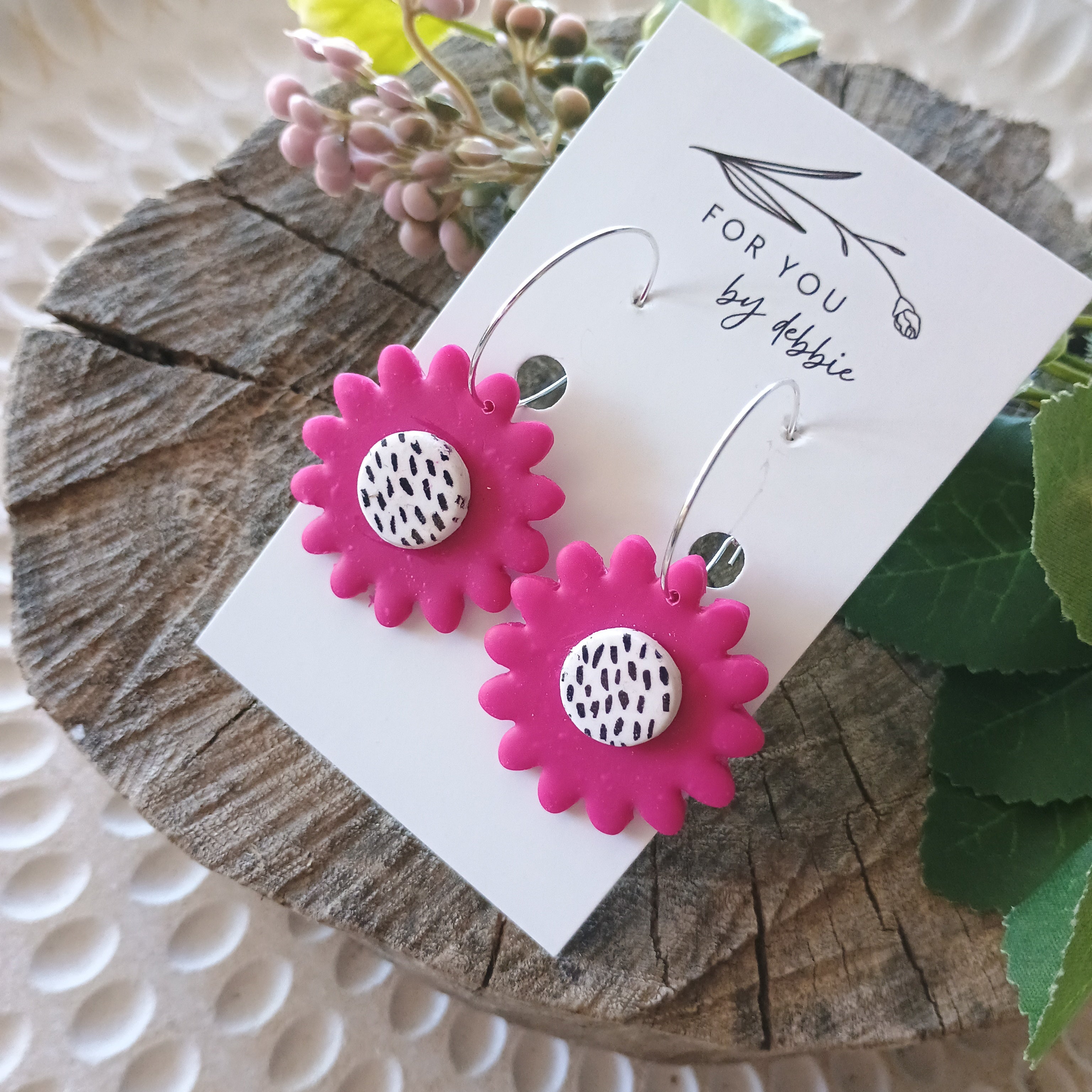 Bright flower hoop earrings with silkscreen painted centre