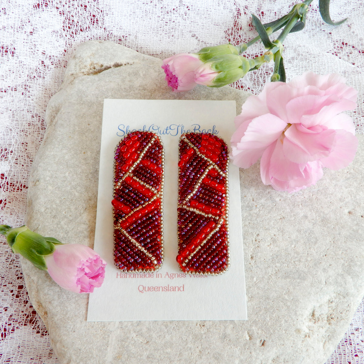 Bead Embroidered Red & Silver Earrings
