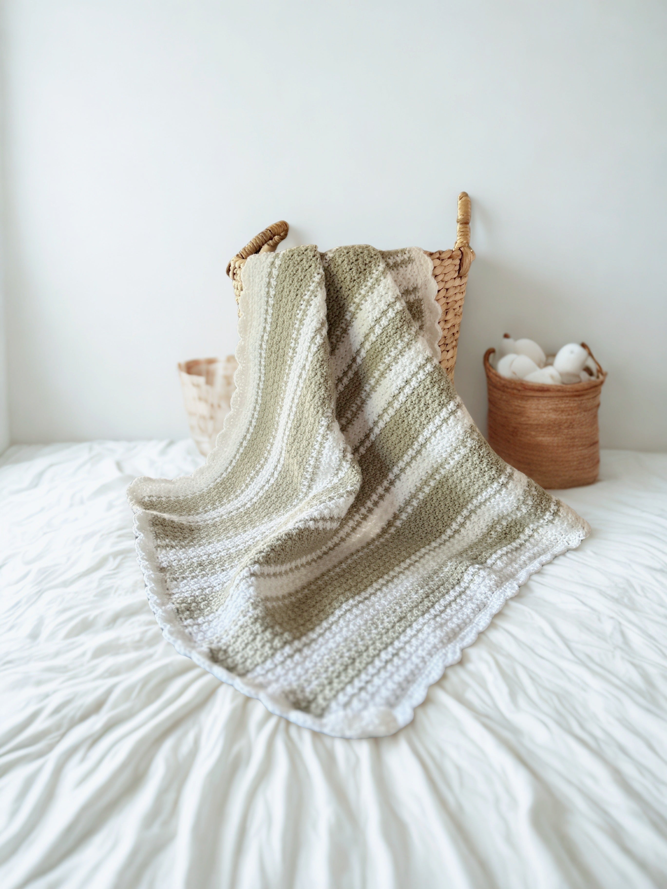 Handmade Crochet Baby Blanket - Neutral Sage & Cream - 80x80cm Gift Ready