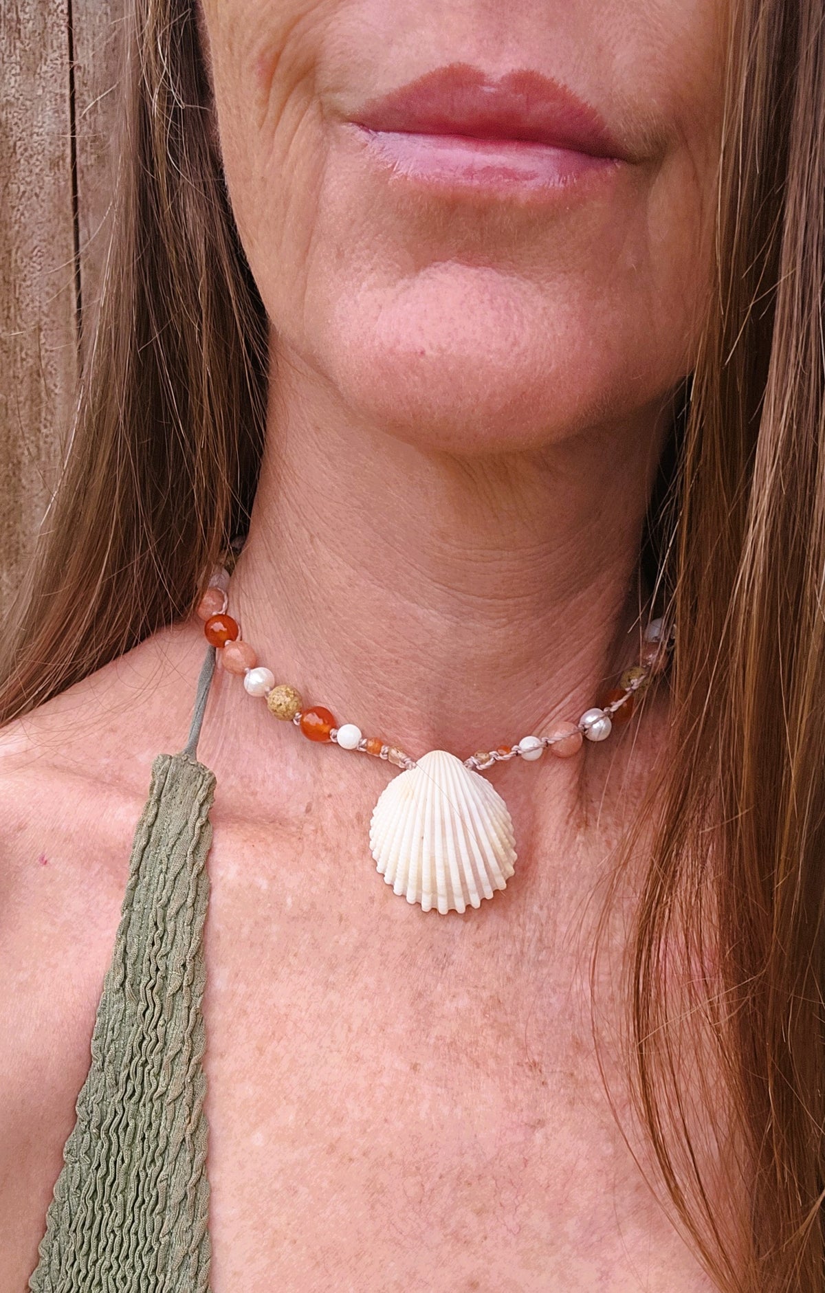 Cockle Shell Necklace Adjustable with Pearls and Rare Ocean Agate