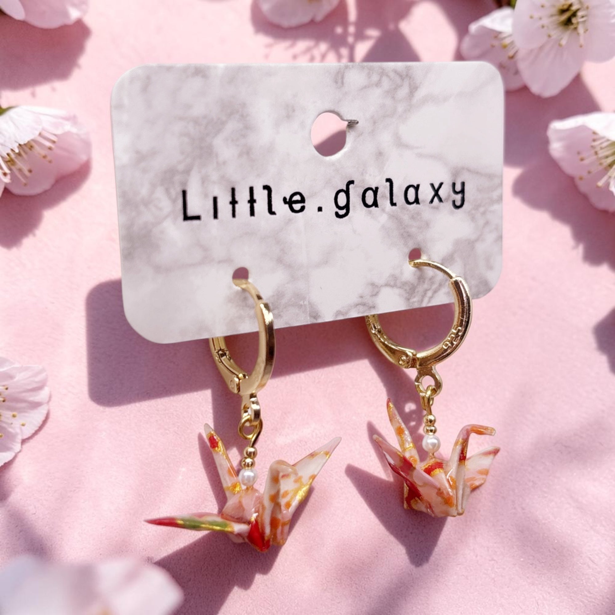 Handmade paper origami mini pearl crane earrings / ear clip on / 14k gold hoop