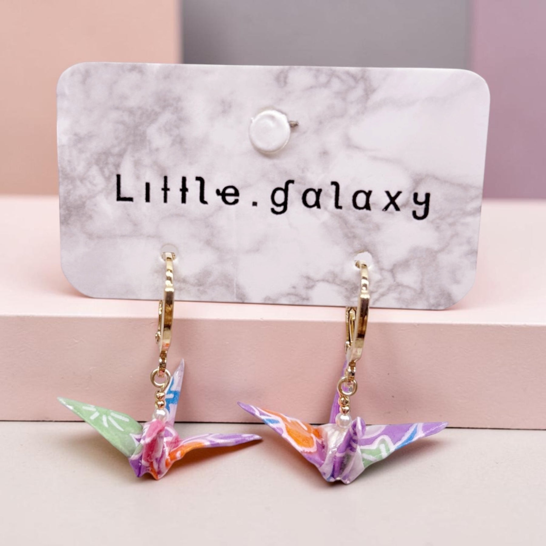 Handmade paper origami mini pearl crane earrings / ear clip on / 14k gold hoop