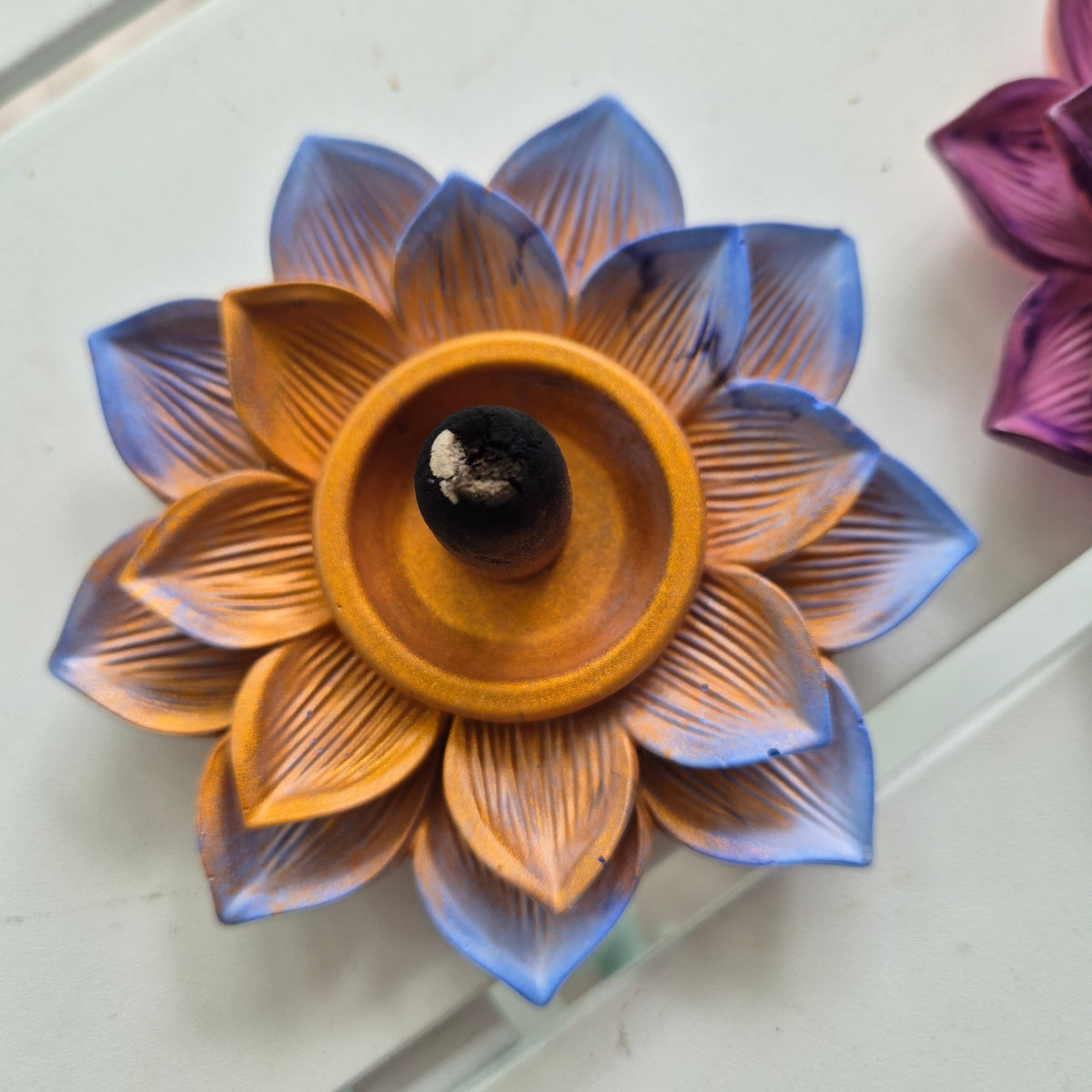 Pale blue and rose gold concrete lotus incense cone holder