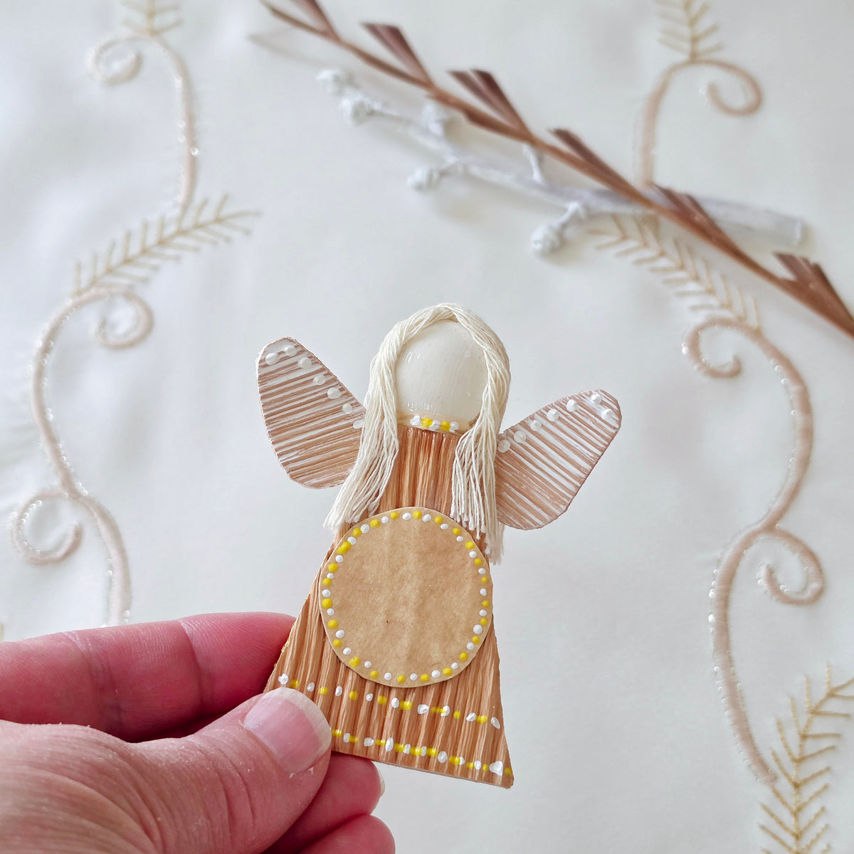Hello - Palm Angel, Ornament Keepsake, yellow and white dots