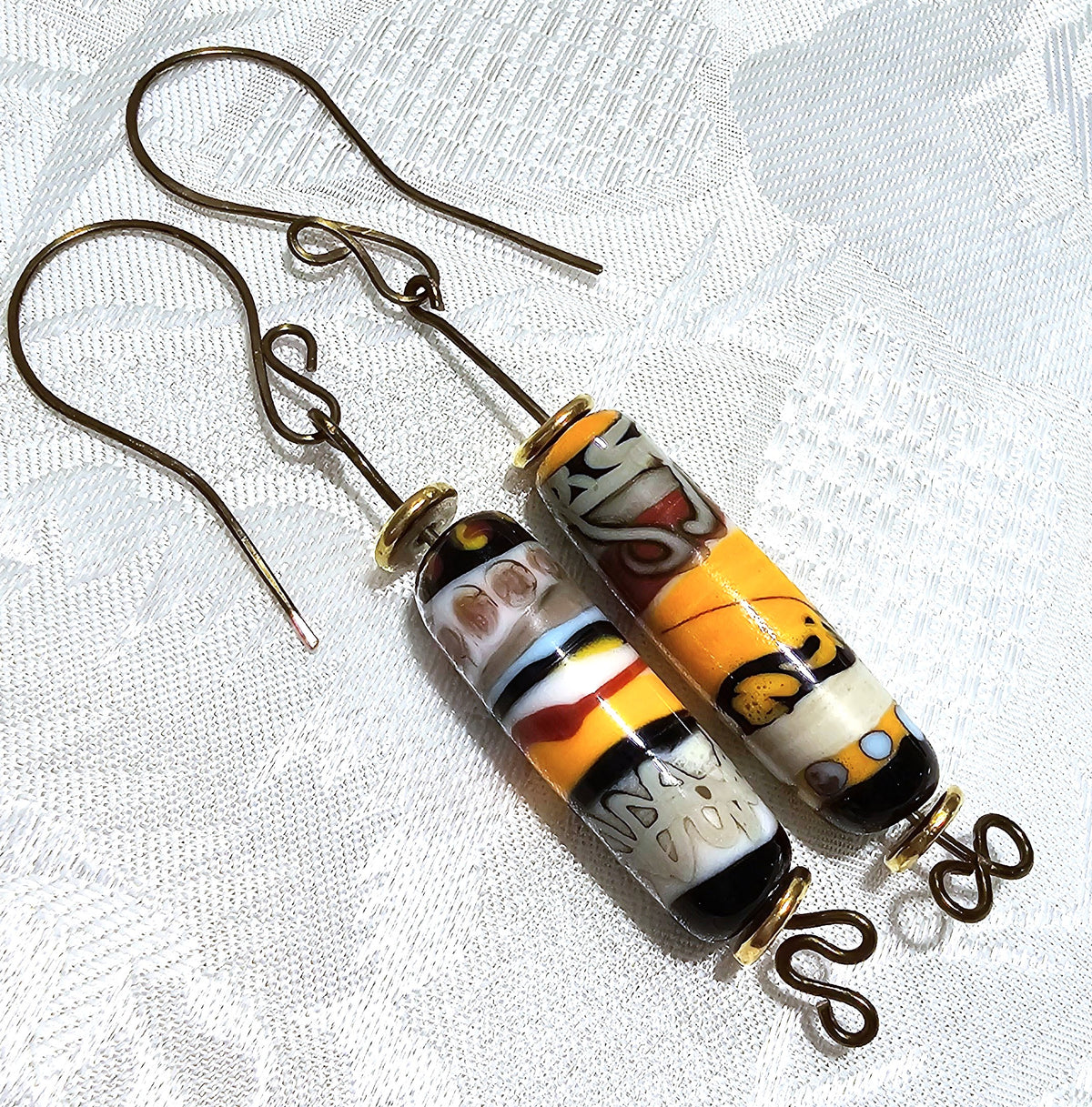Assymetrical Ceramic Cylinder Orange and Multicoloured Earrings