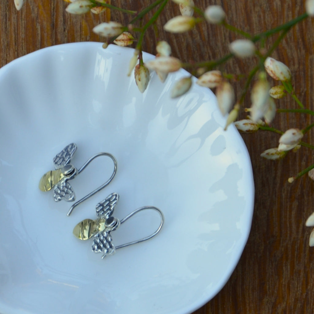 Brass and Silver Bee Dangle Earrings