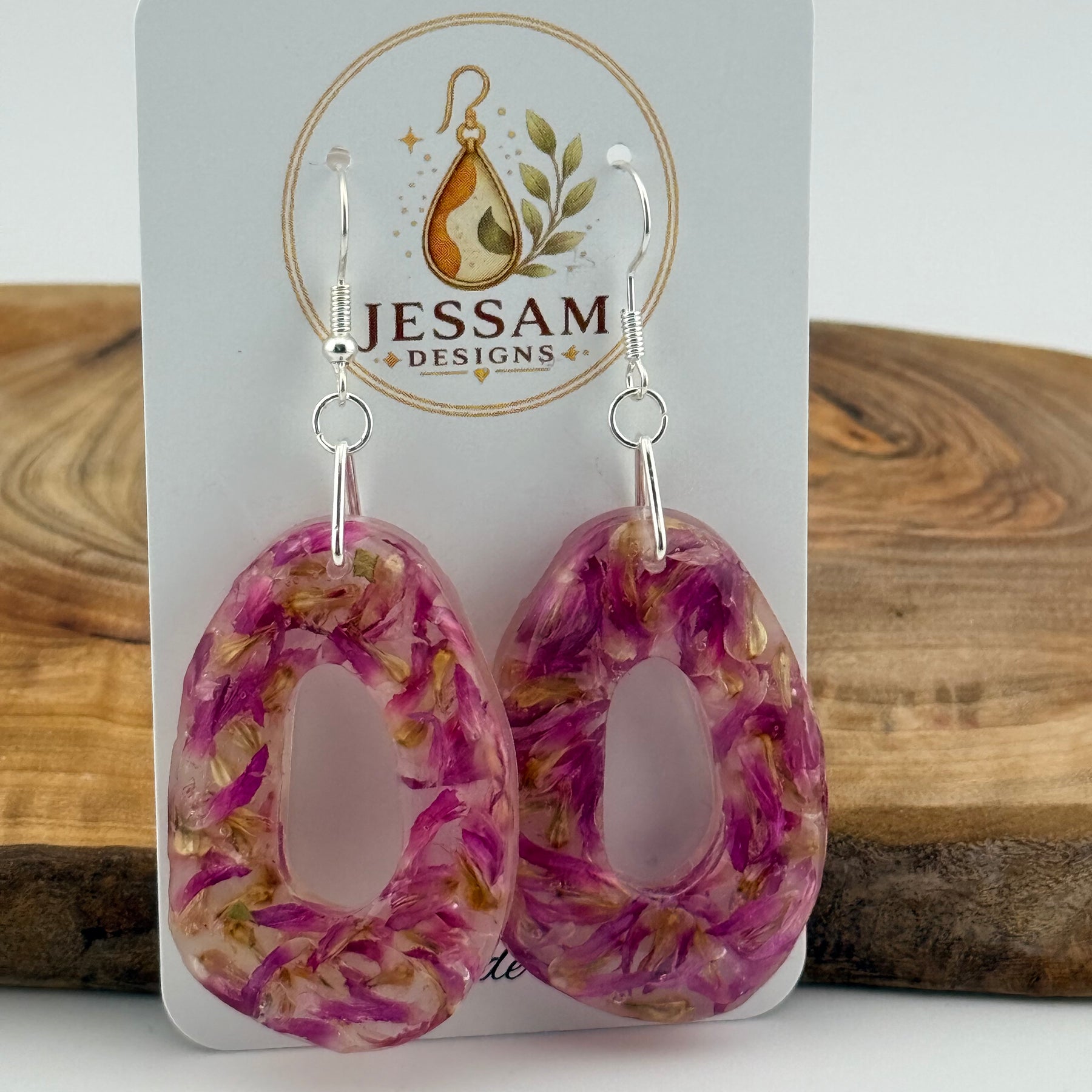 Springtime - Dried Purple Flower Resin Drop Earrings with Pearl Shimmer Back