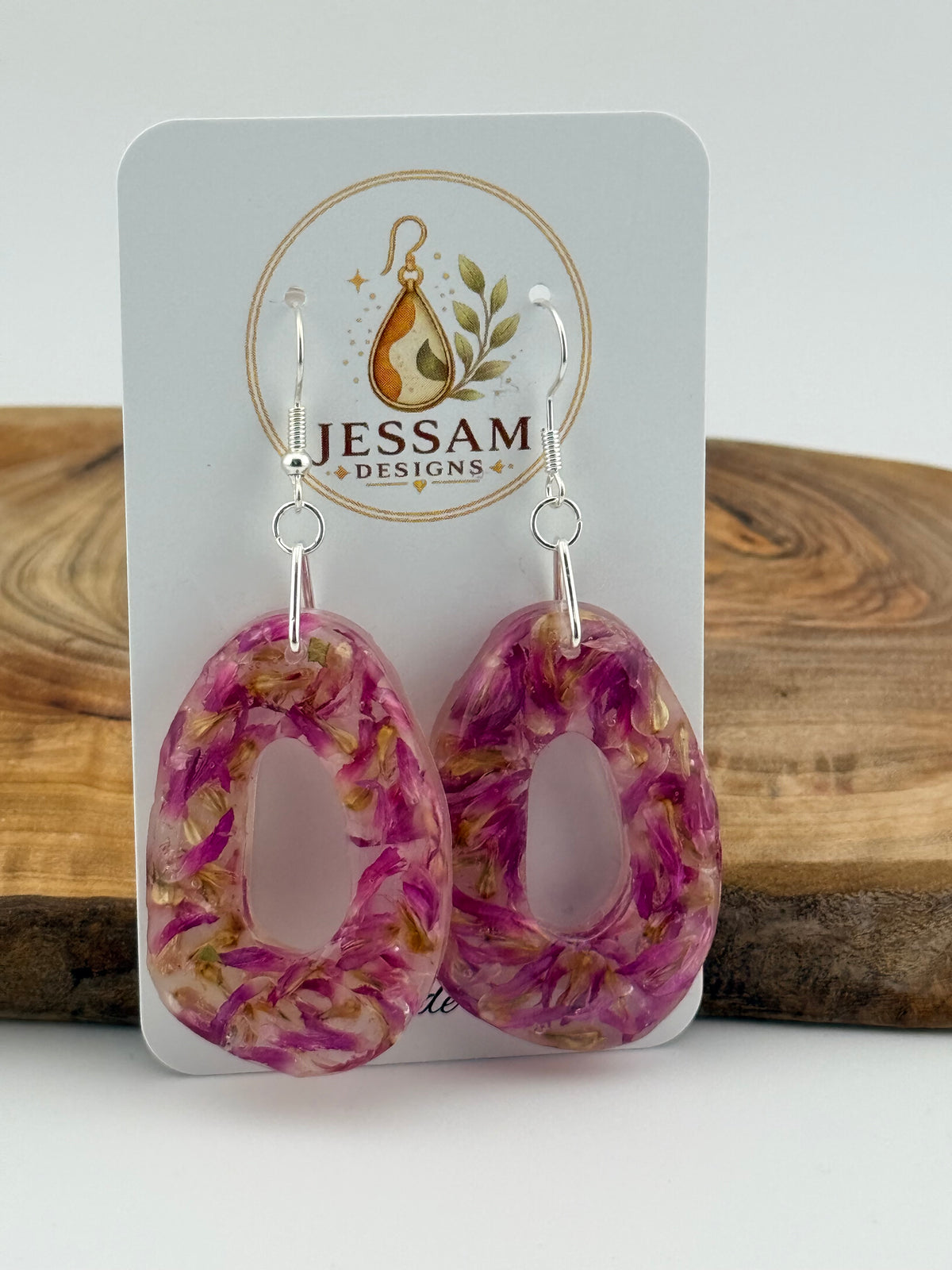 Springtime - Dried Purple Flower Resin Drop Earrings with Pearl Shimmer Back