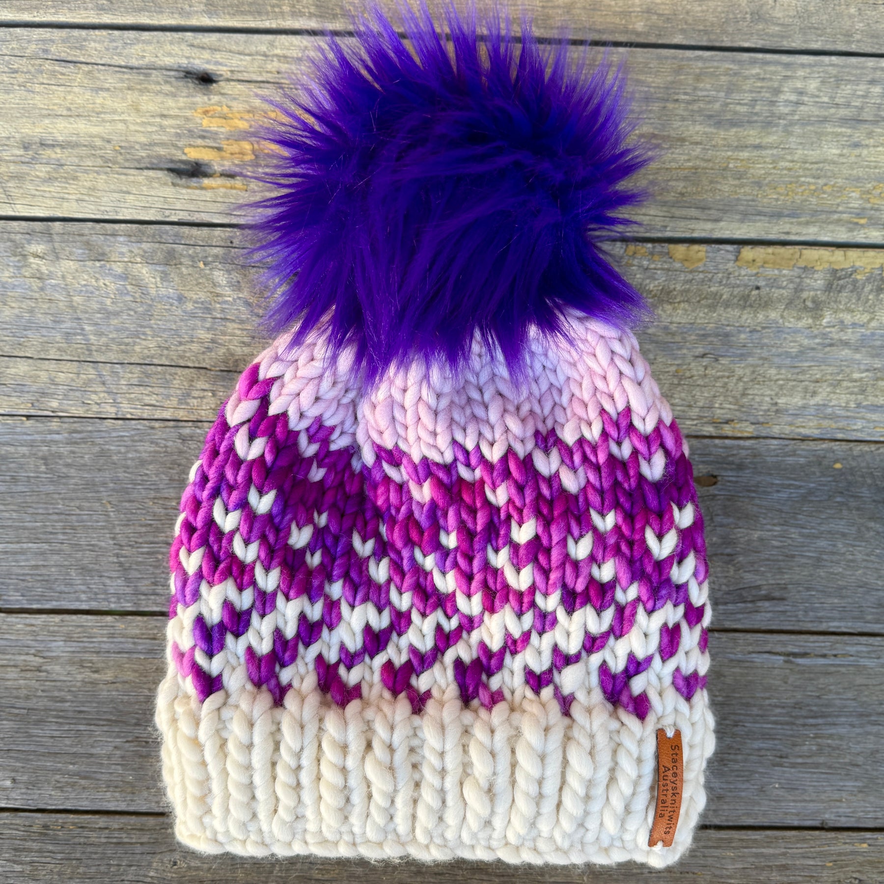 Ladies Beanie, Pink Purple Merino PomPom Beanie