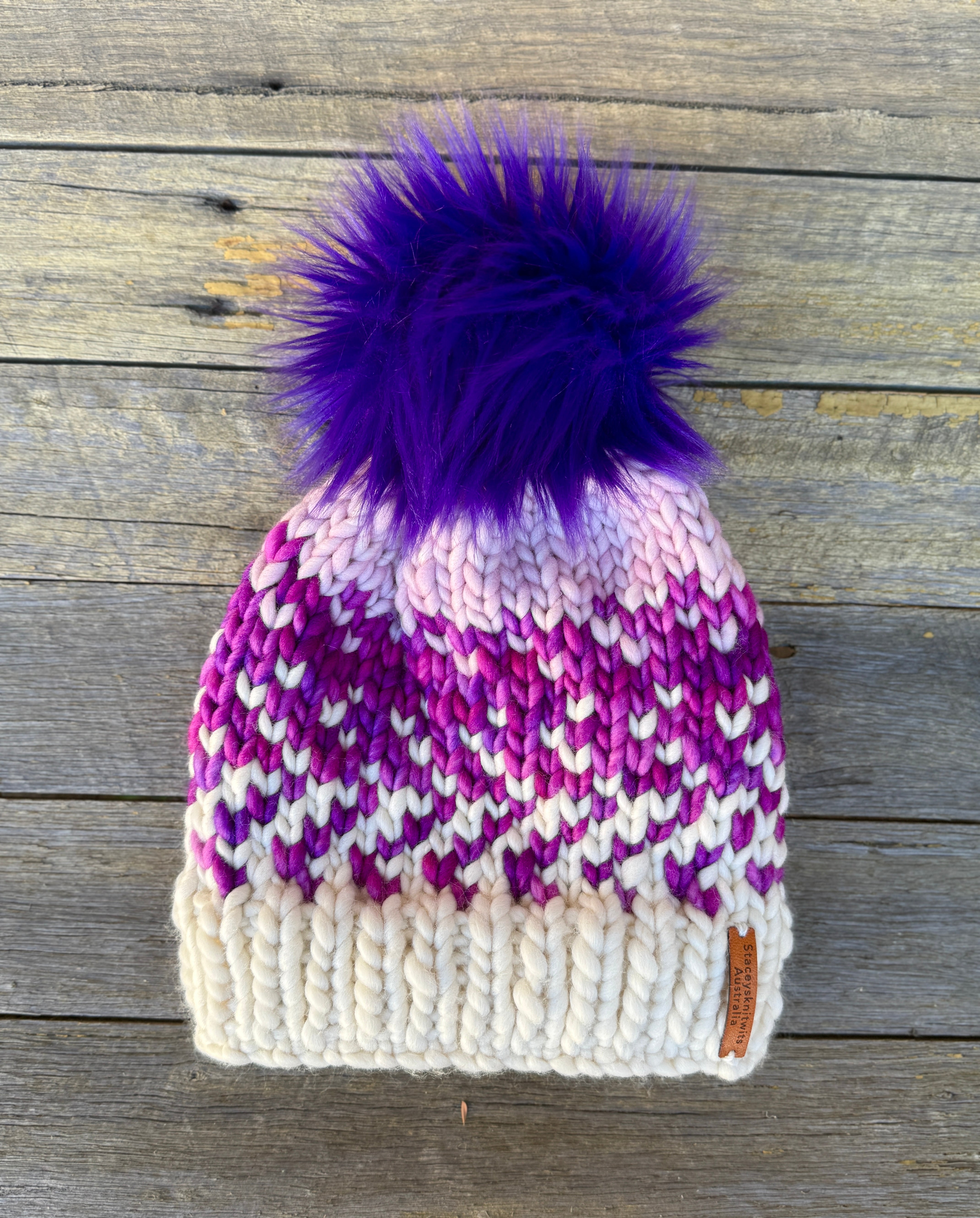 Ladies Beanie, Pink Purple Merino PomPom Beanie