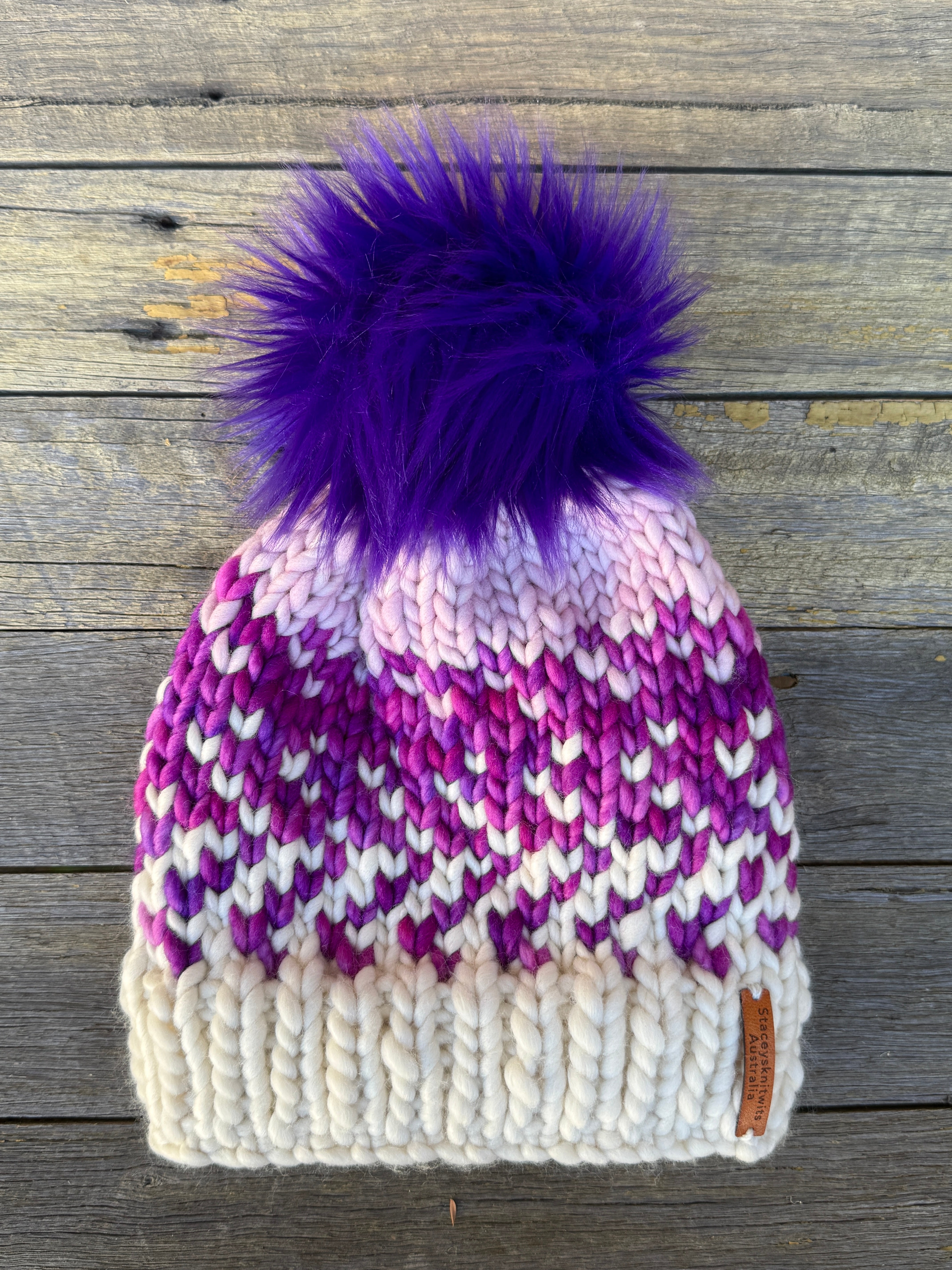 Ladies Beanie, Pink Purple Merino PomPom Beanie
