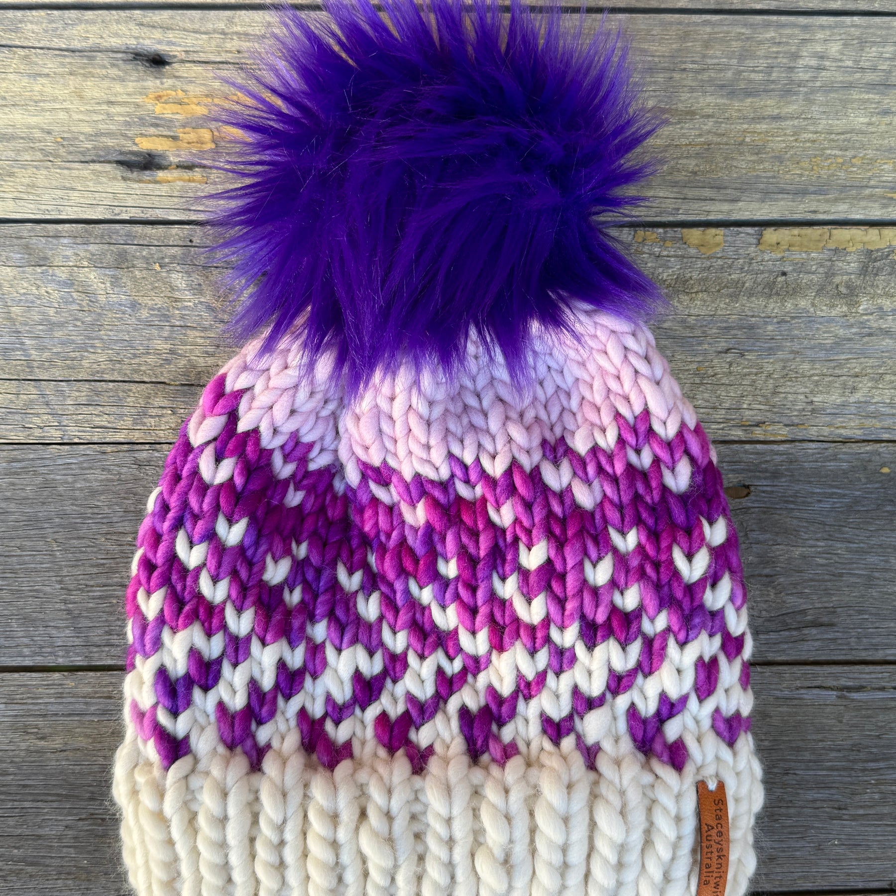 Ladies Beanie, Pink Purple Merino PomPom Beanie