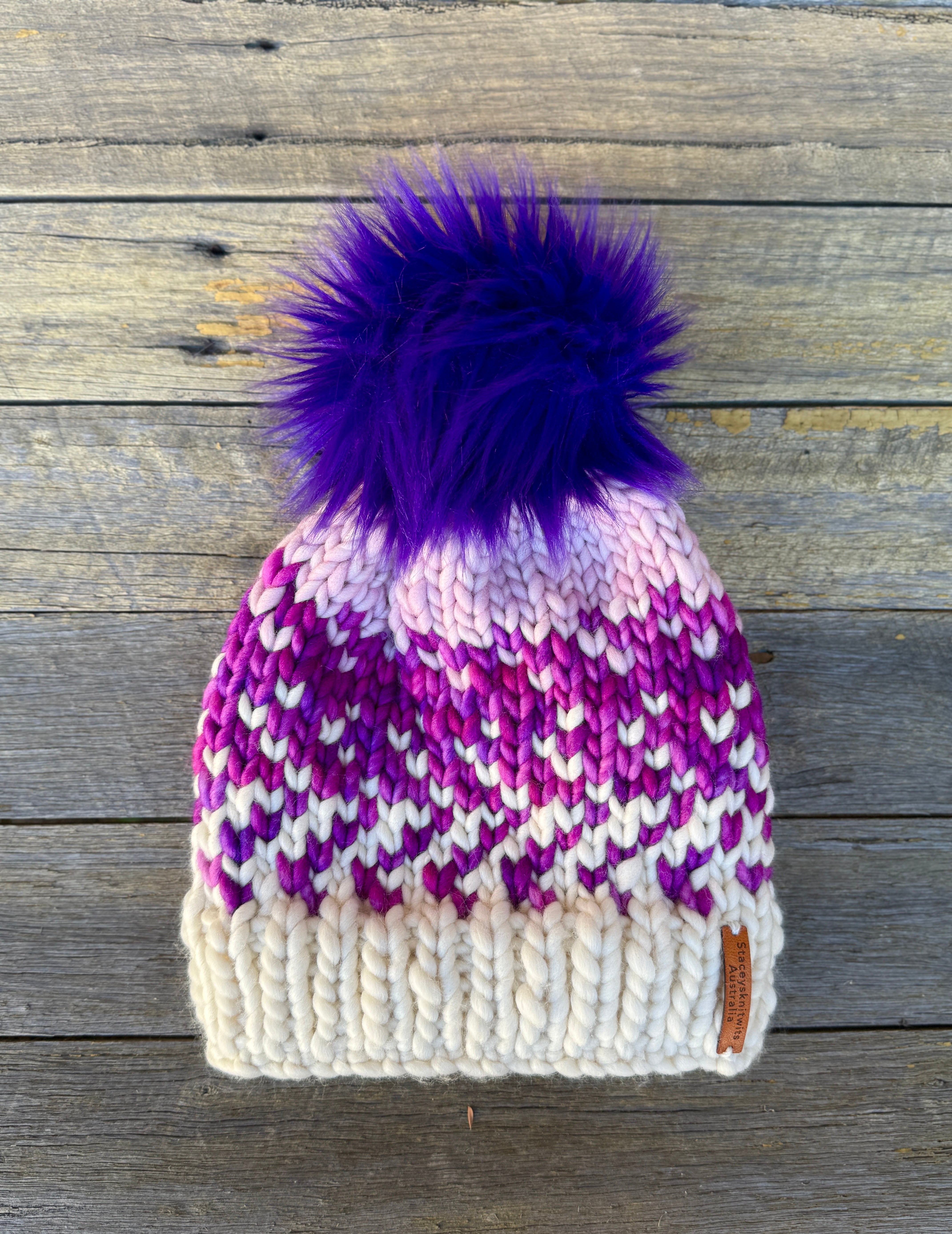 Ladies Beanie, Pink Purple Merino PomPom Beanie