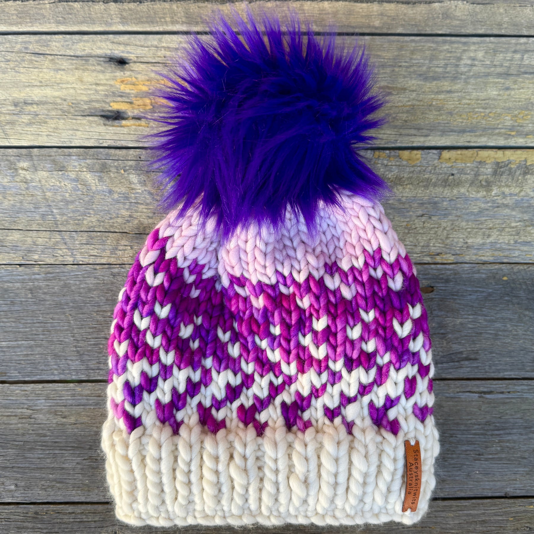 Ladies Beanie, Pink Purple Merino PomPom Beanie